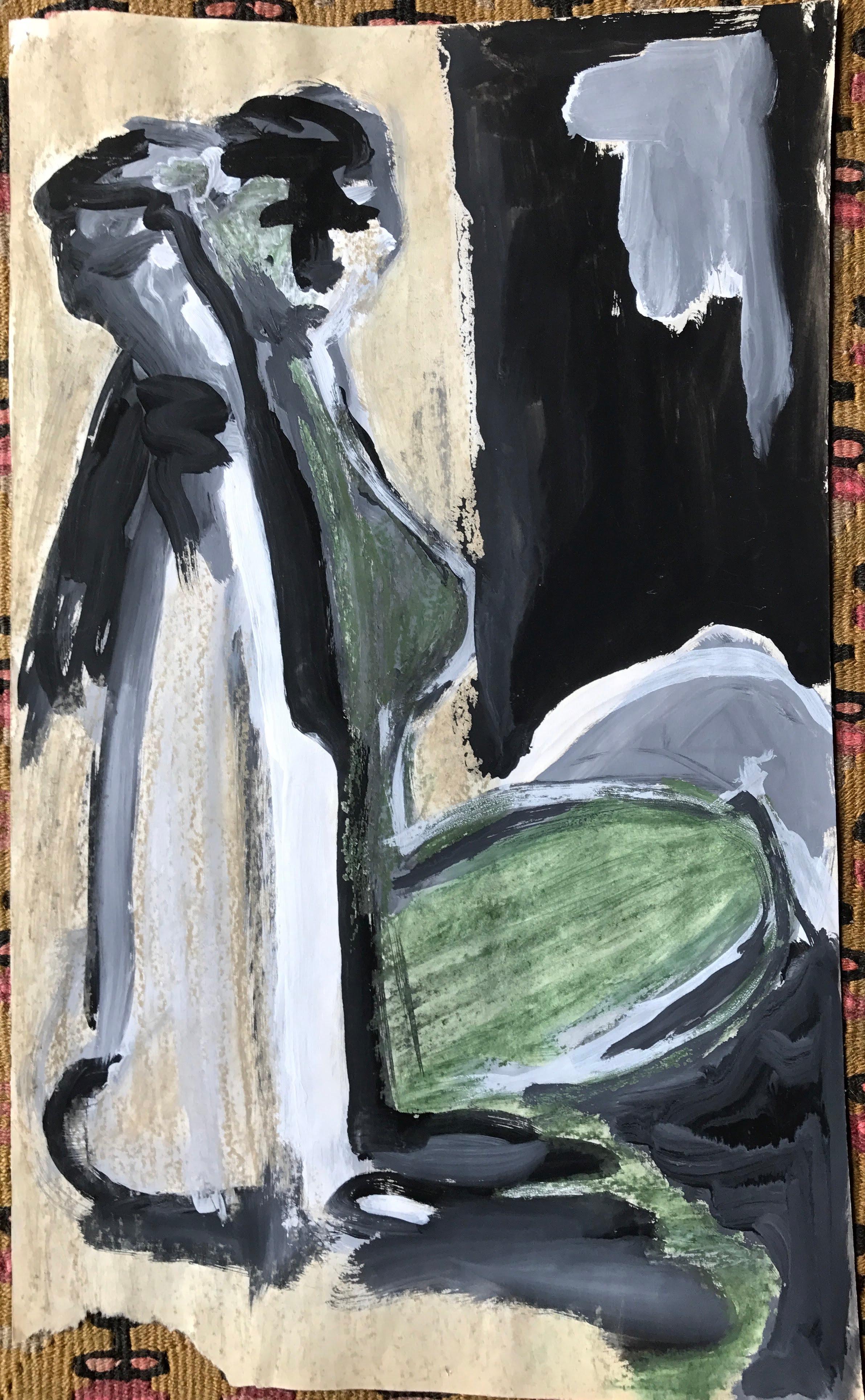 Gloria Dudfield Figurative Painting – Abstrakte figurative Grün-Schwarz-Schwarz-Grau-Pastell und Farbe auf Papier, 1960er Jahre