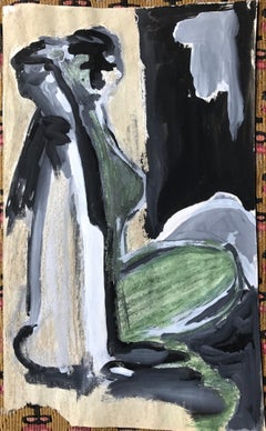 1960s Abstract Figurative Green Black Gray Pastel and Paint on Paper
