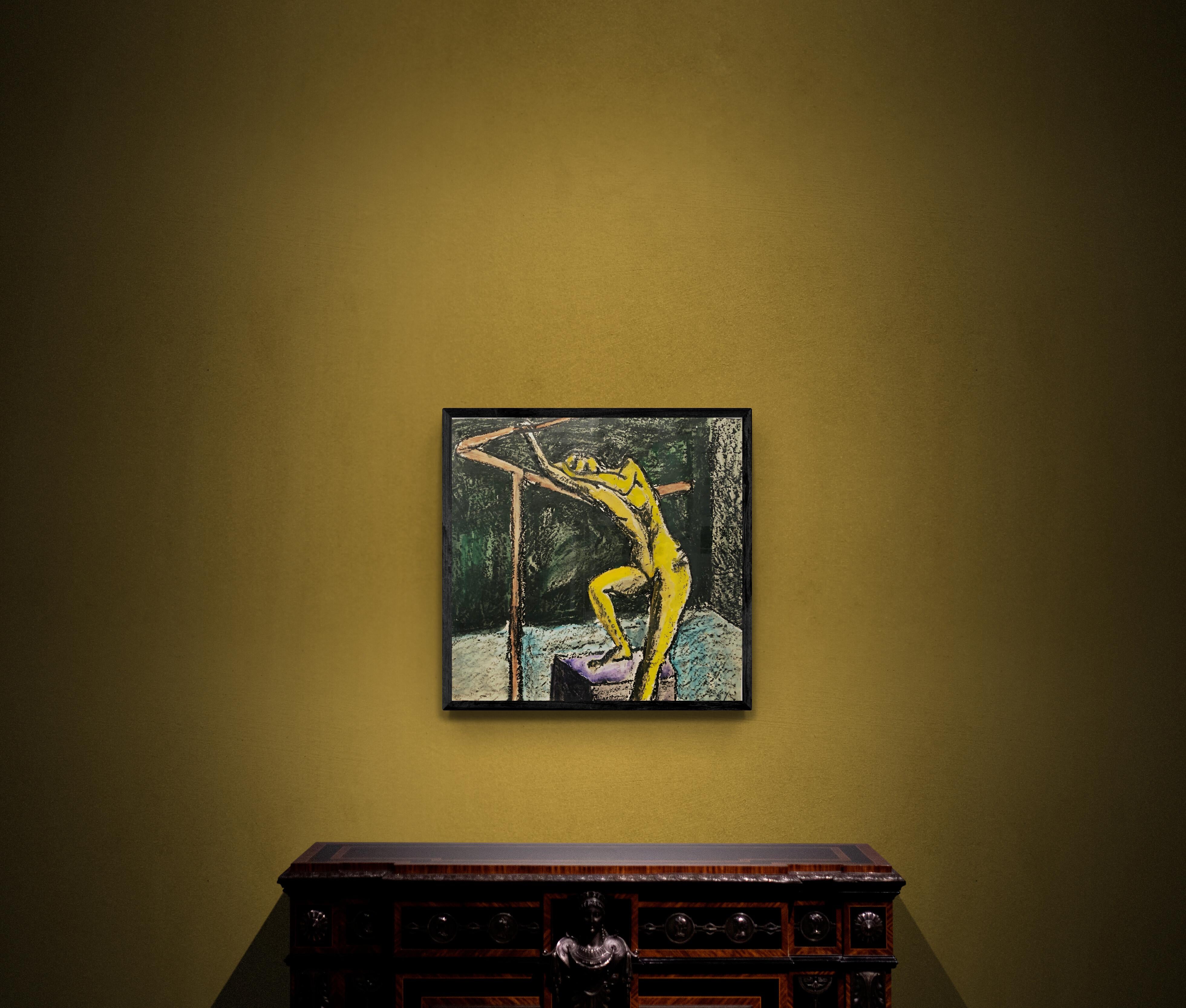 Peinture de nu féminine du milieu du siècle dernier à la gouache et au pastel «nging on a Bar » (ressemblant à un bar) - Painting de Gloria Dudfield