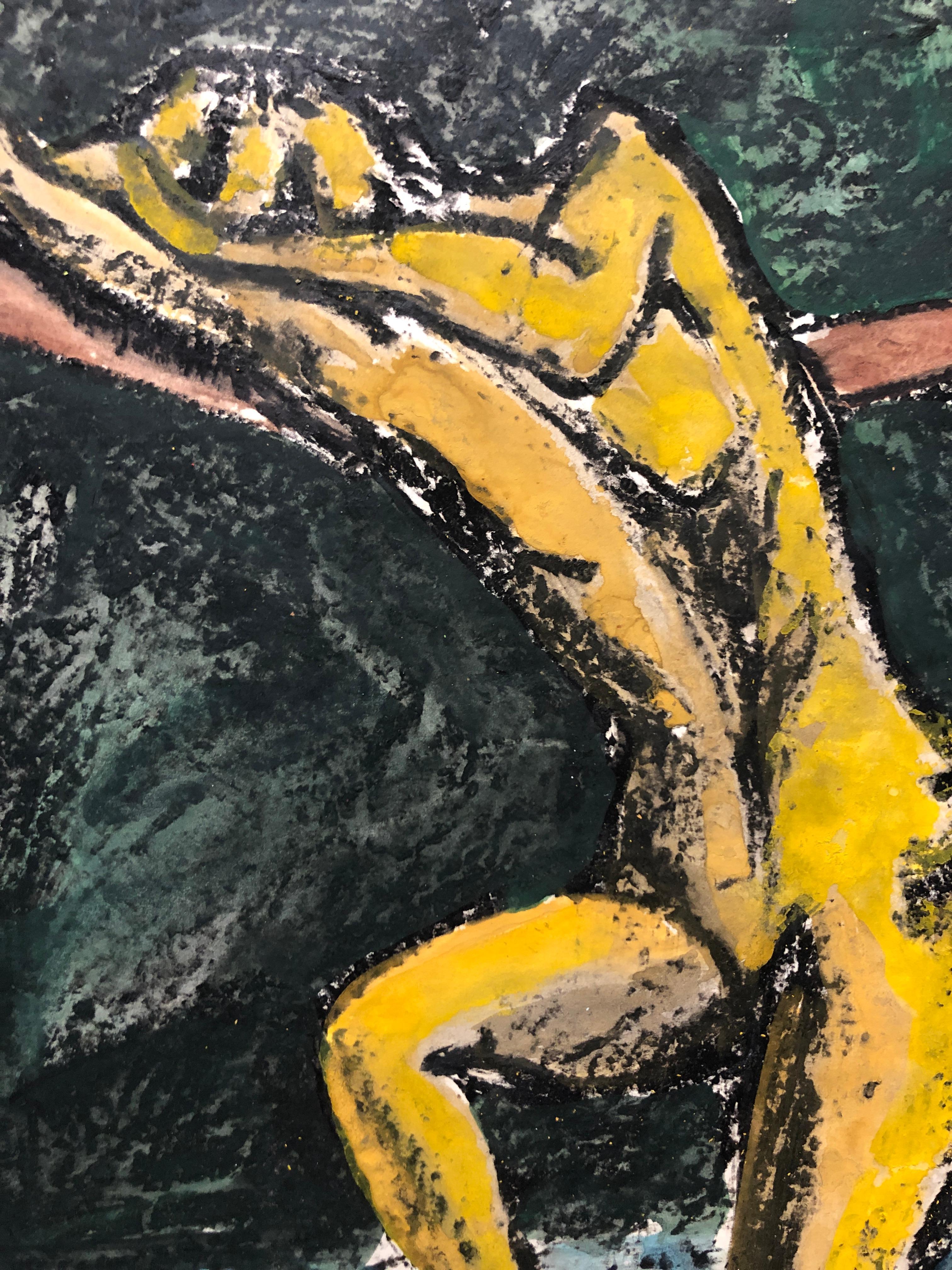 Peinture de nu féminine du milieu du siècle dernier à la gouache et au pastel «nging on a Bar » (ressemblant à un bar) - Modernisme américain Painting par Gloria Dudfield