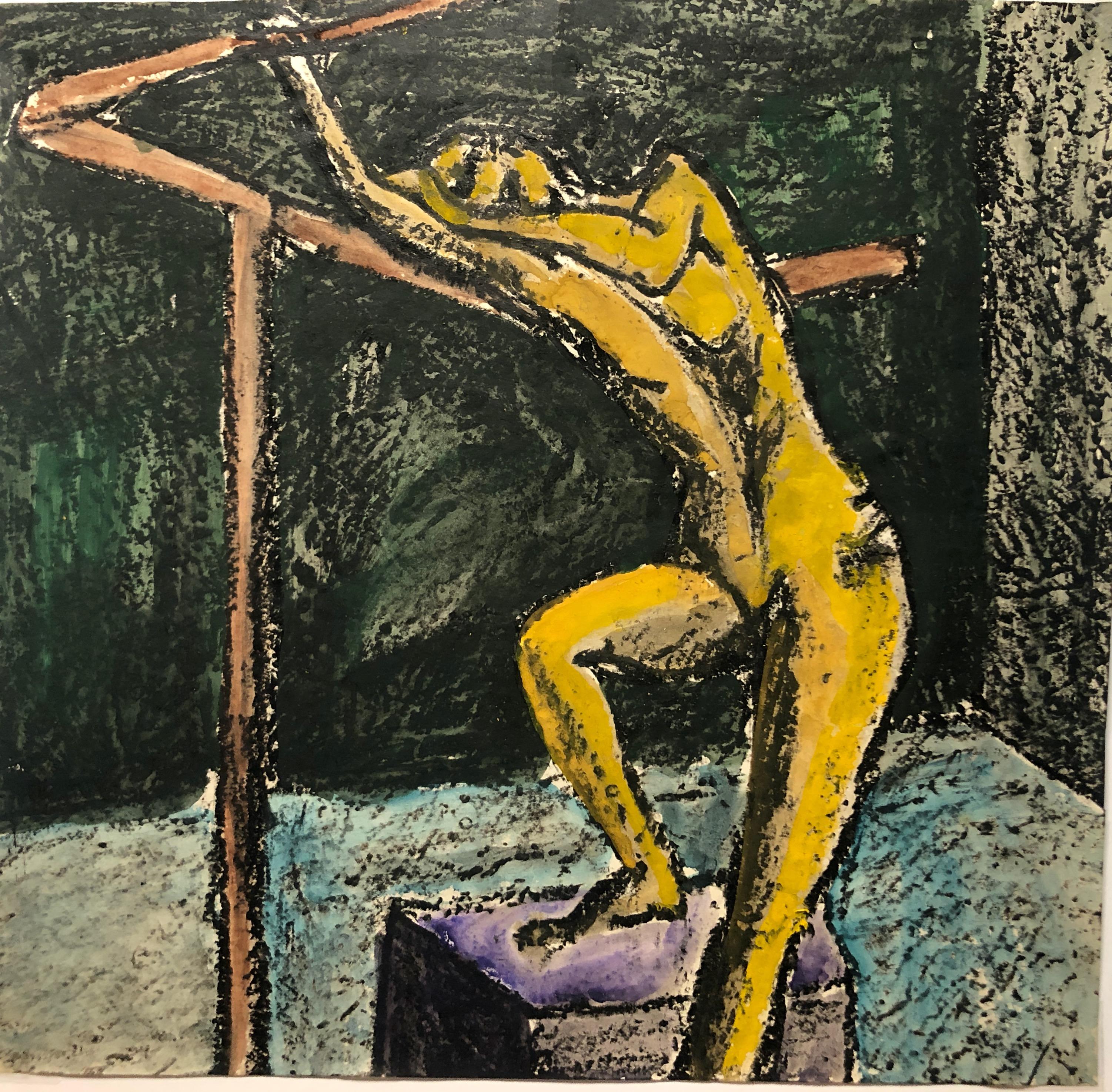 1960s "Hanging on a Bar" Gouache and Pastel Mid Century Female Nude Painting