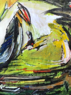 1960s "Yellow and Black Abstract" Gouache and Oil Pastel Female Artist