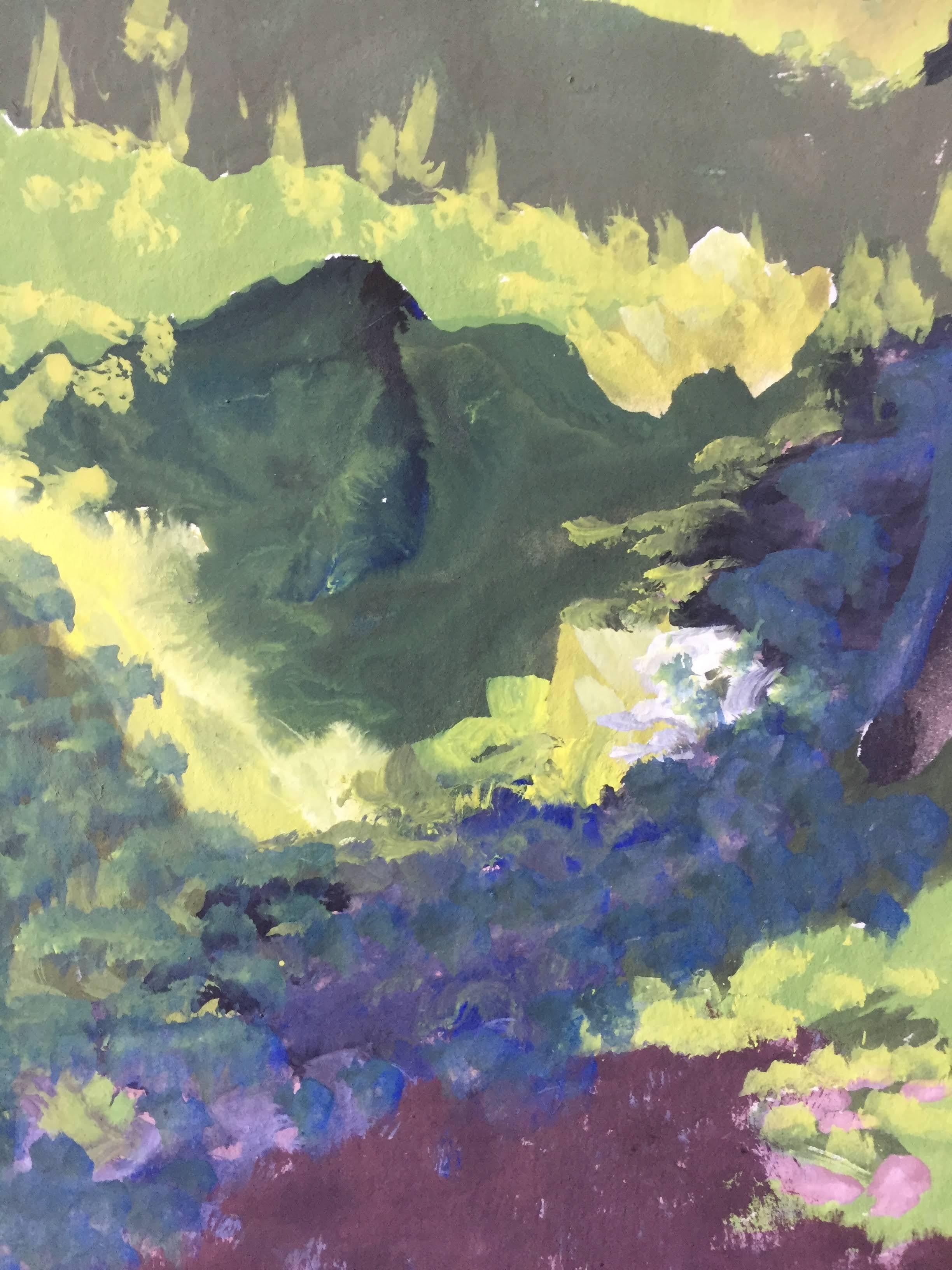 Landschaftsgemälde aus der Mitte des Jahrhunderts, Art Institute of SF, Grün, Rot, Blau  (Moderne), Painting, von Gloria Dudfield