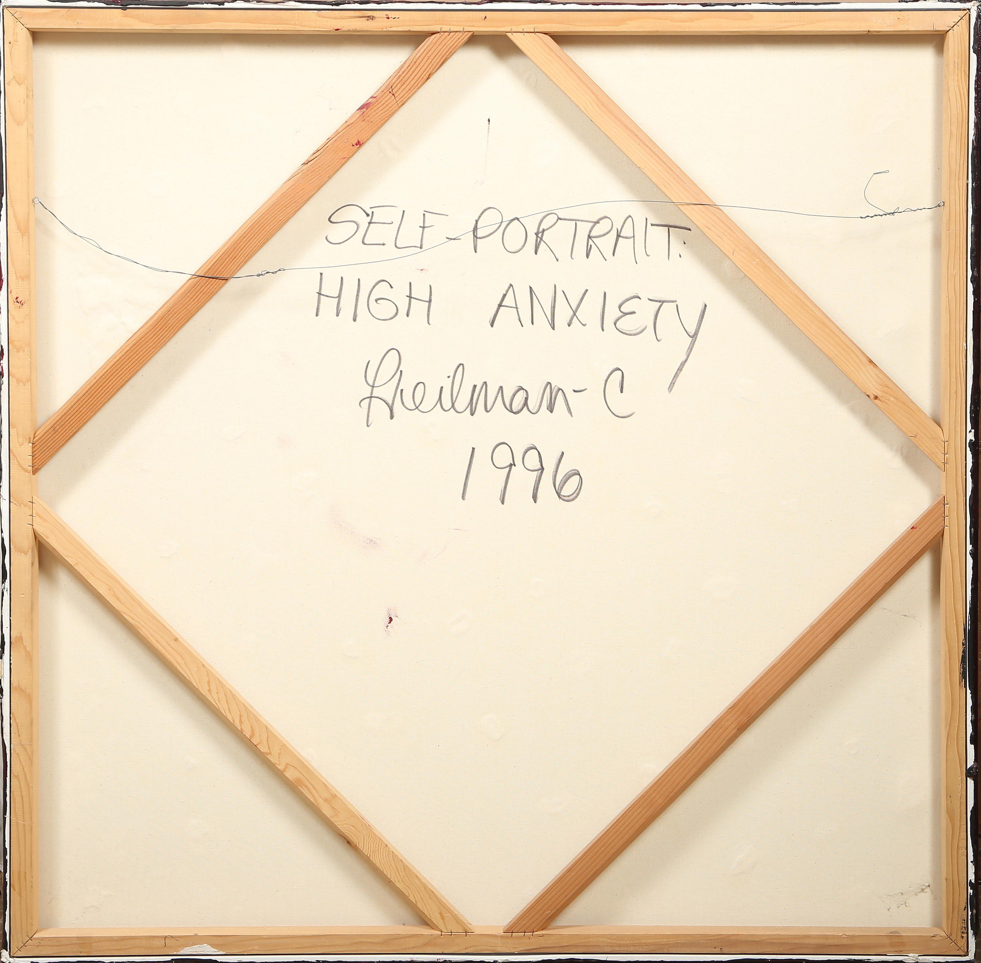 Selbstporträt mit hoher Ängste, surrealistisches Öl- und Gipsgemälde von Gloria Heilman (Schwarz), Abstract Painting, von Gloria Heliman-C