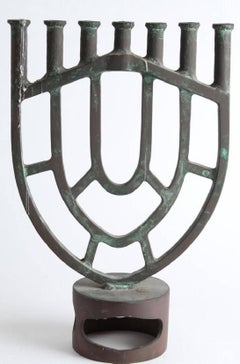 Heavy Bronze Modernist Menorah Candelabra Sculpture