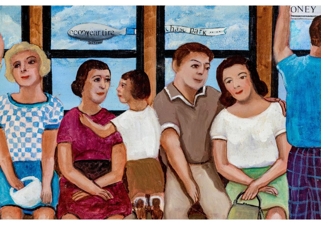 An oil on board painting depicting a train interior full of people, advertisements lining the roof and a plane flying a 