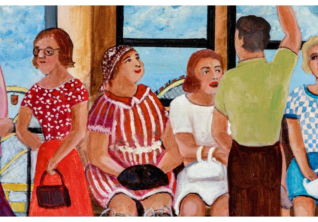 Folk Art Gloria Laposka (1922-2015) Oil On Board Painting, Coney Island Train For Sale
