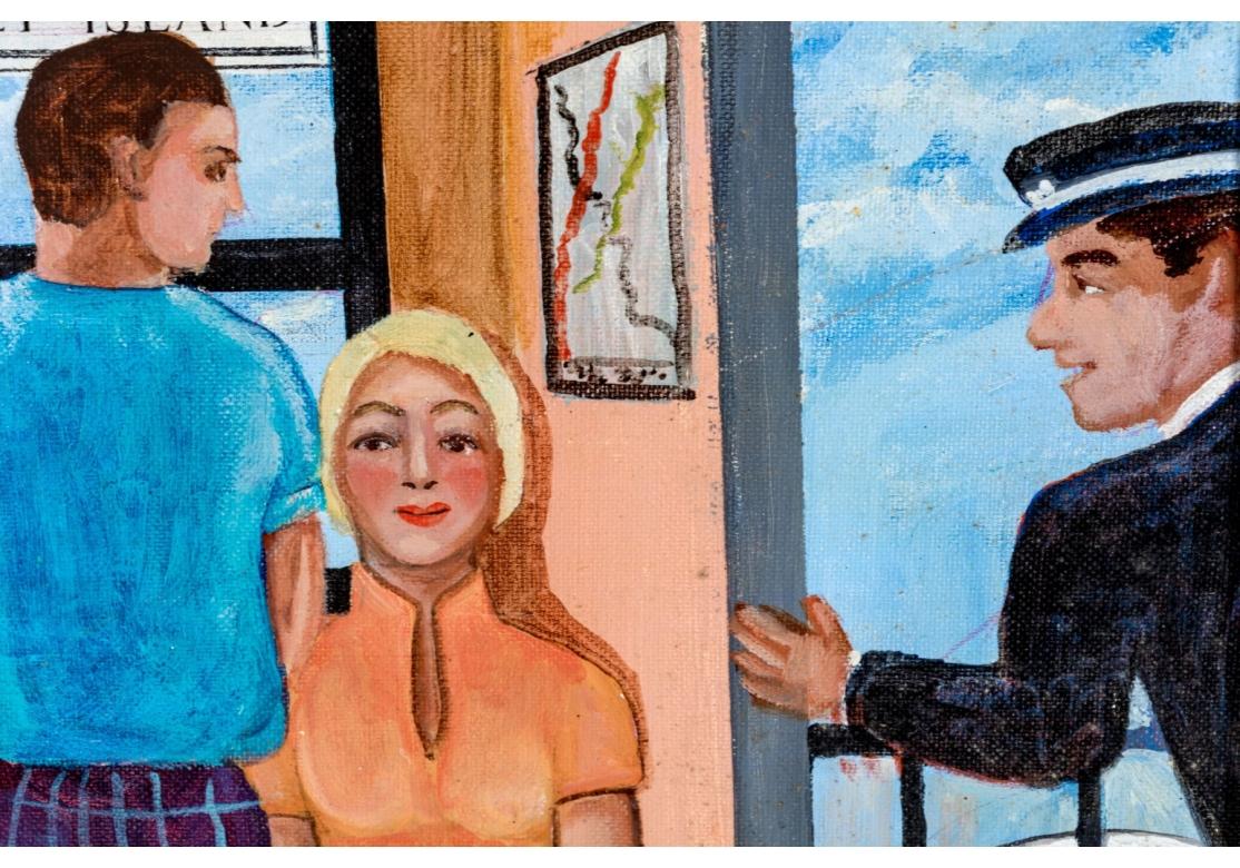 Hand-Painted Gloria Laposka (1922-2015) Oil On Board Painting, Coney Island Train For Sale