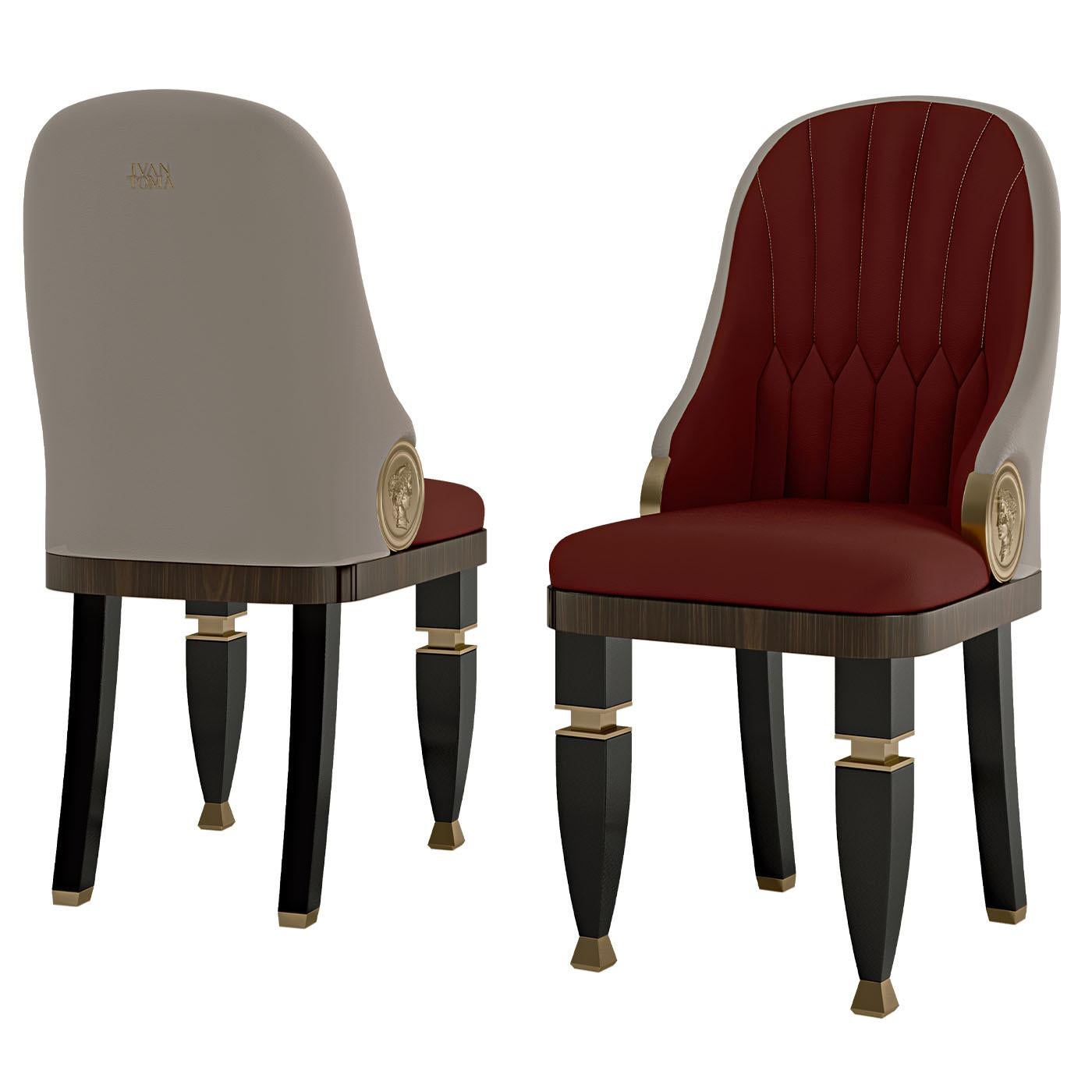 References to Renaissance, Baroque, and Egyptian styles define the lavish character of this elegant chair. The ash frame comprises white-lacquered legs supporting the seat base finished with a dark ebony finish. Featuring a slightly curved backrest