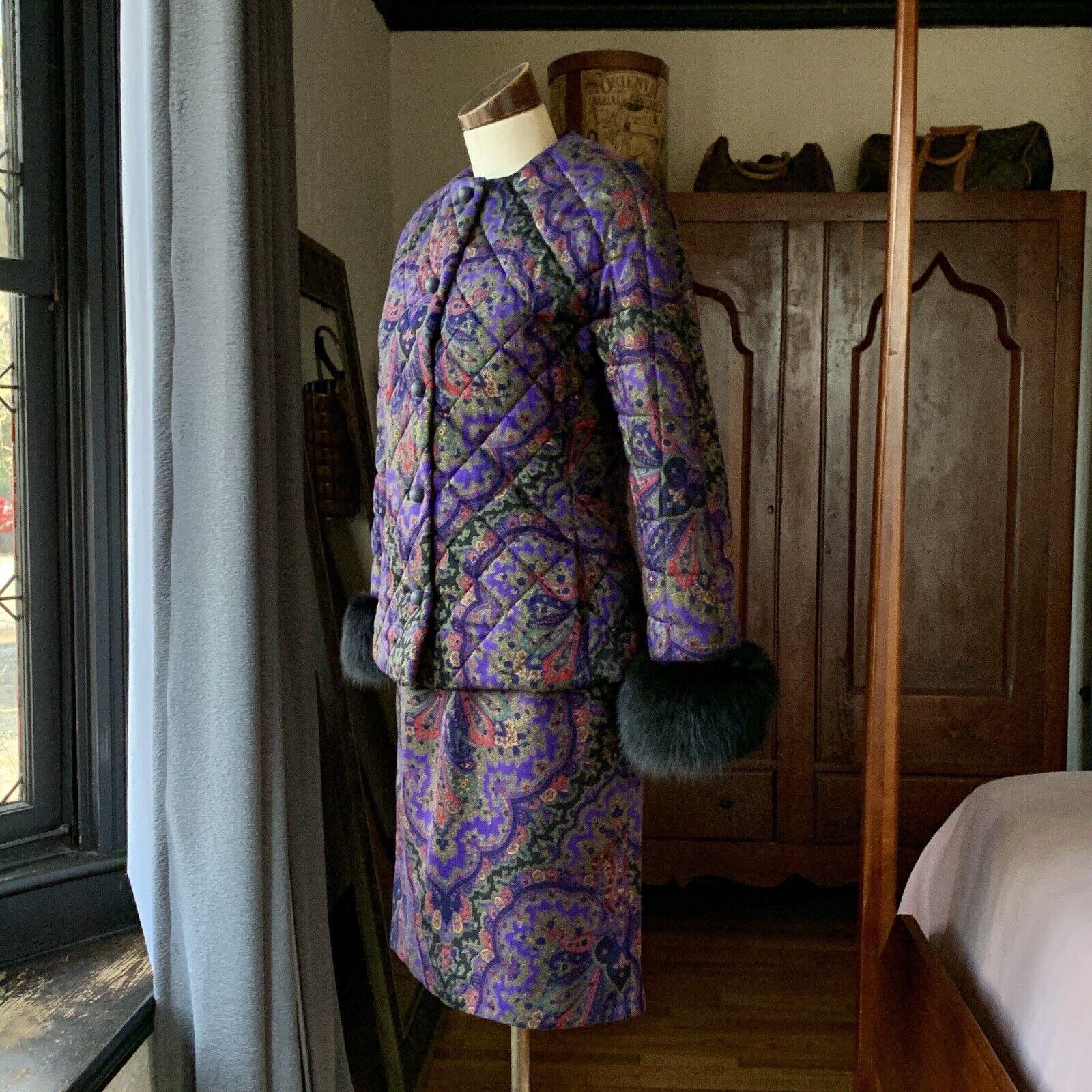 GLORIA SACHS Couture 1980s Two Piece PAISLEY FUR Suit Skirt Jacket Wool 10 For Sale 1