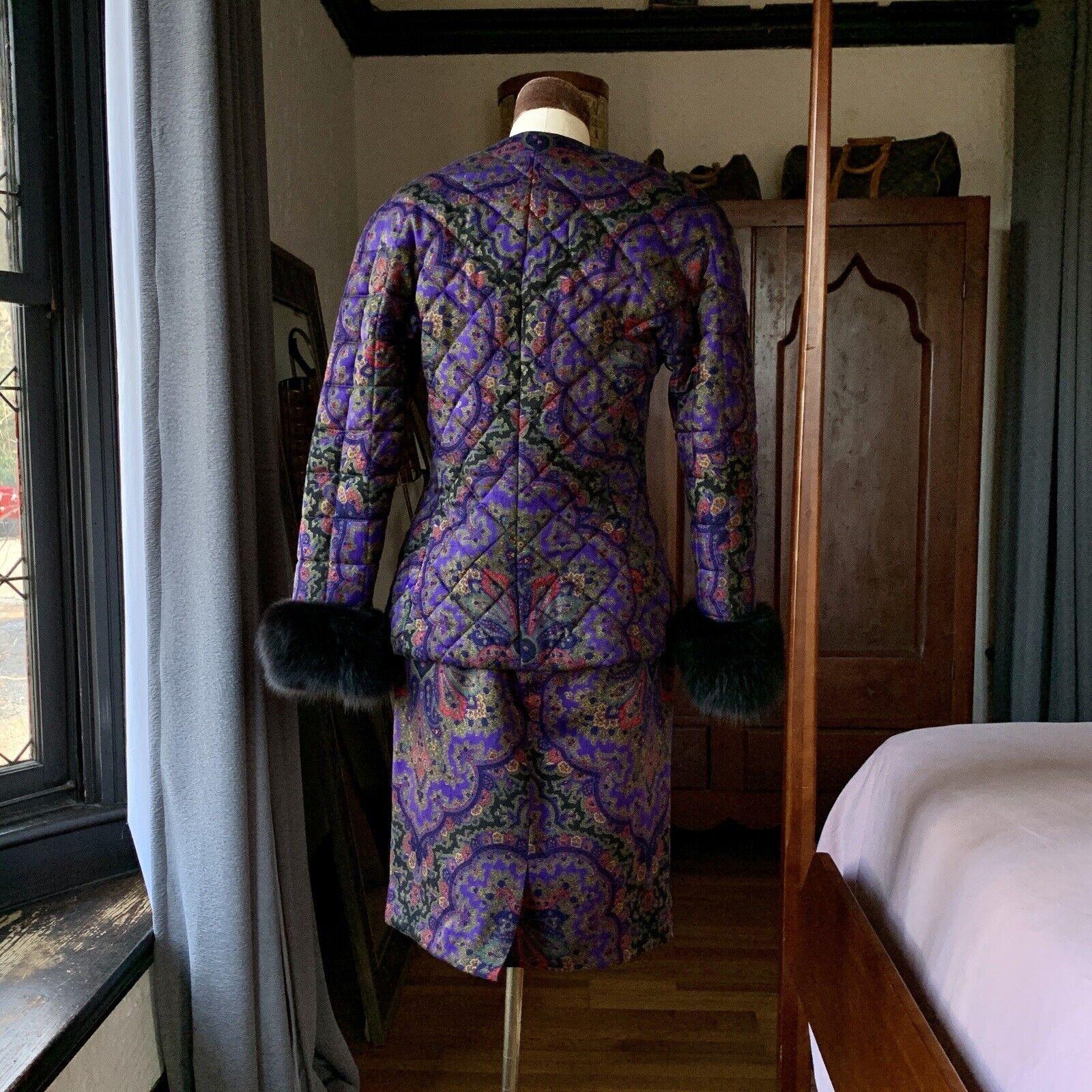GLORIA SACHS Couture 1980s Two Piece PAISLEY FUR Suit Skirt Jacket Wool 10 For Sale 4