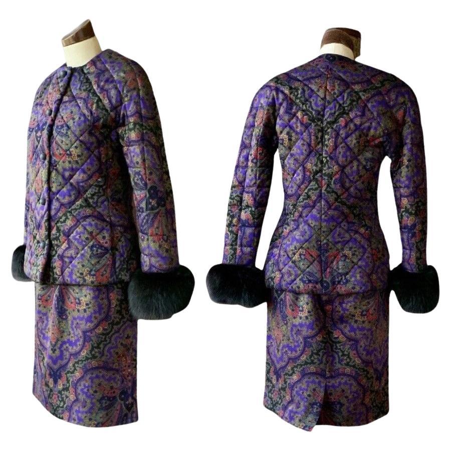 GLORIA SACHS Couture 1980s Two Piece PAISLEY FUR Suit Skirt Jacket Wool 10 For Sale