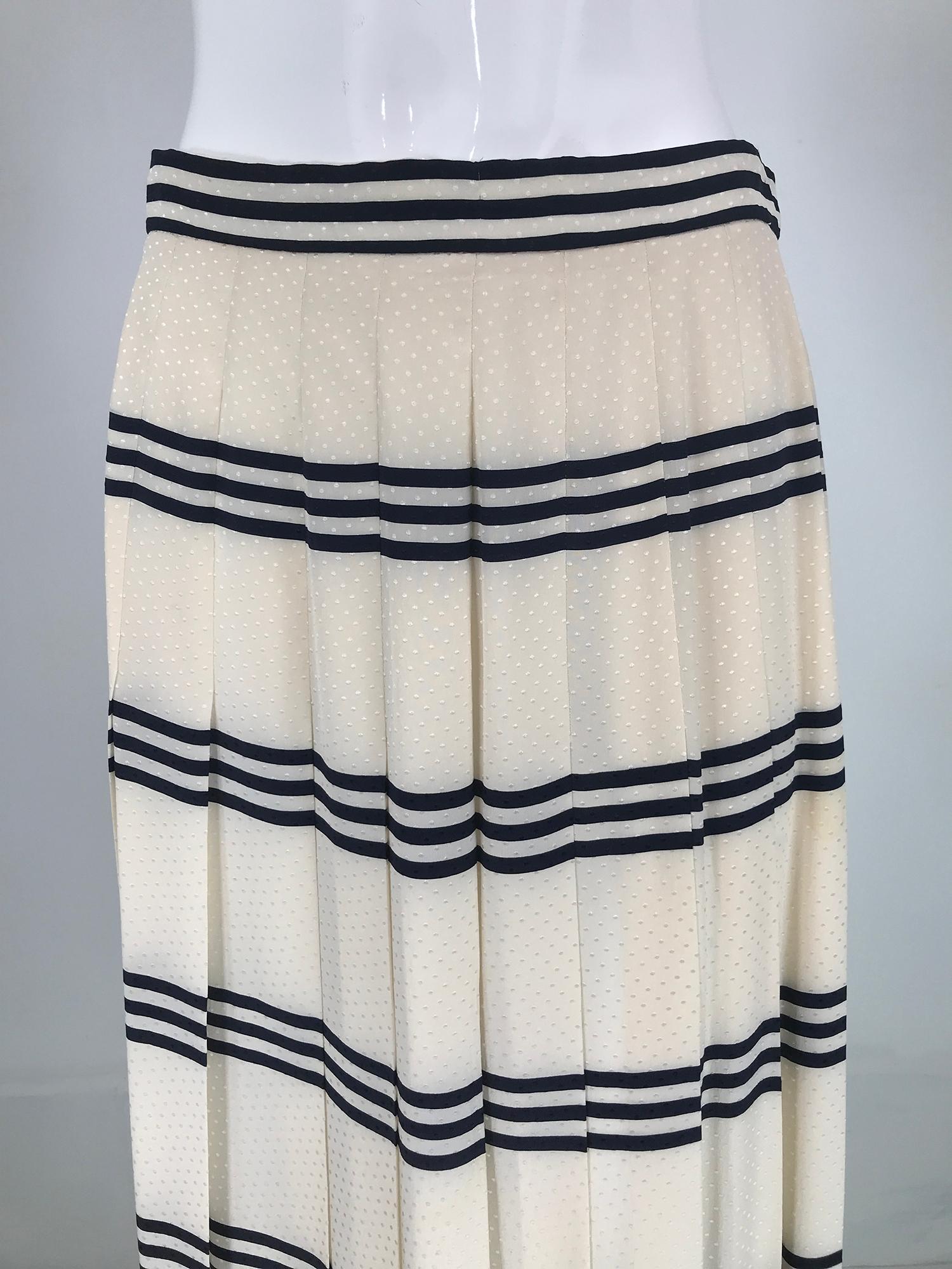 Gloria Sachs cream & black horizontal stripe silk jacquard, with mini dots, long stitch down pleated skirt from the 1980s. Band waist skirt has stitch down pleats, unlined. Closes at the waist side with a bar hook & zipper. From the 1980s.  Marked