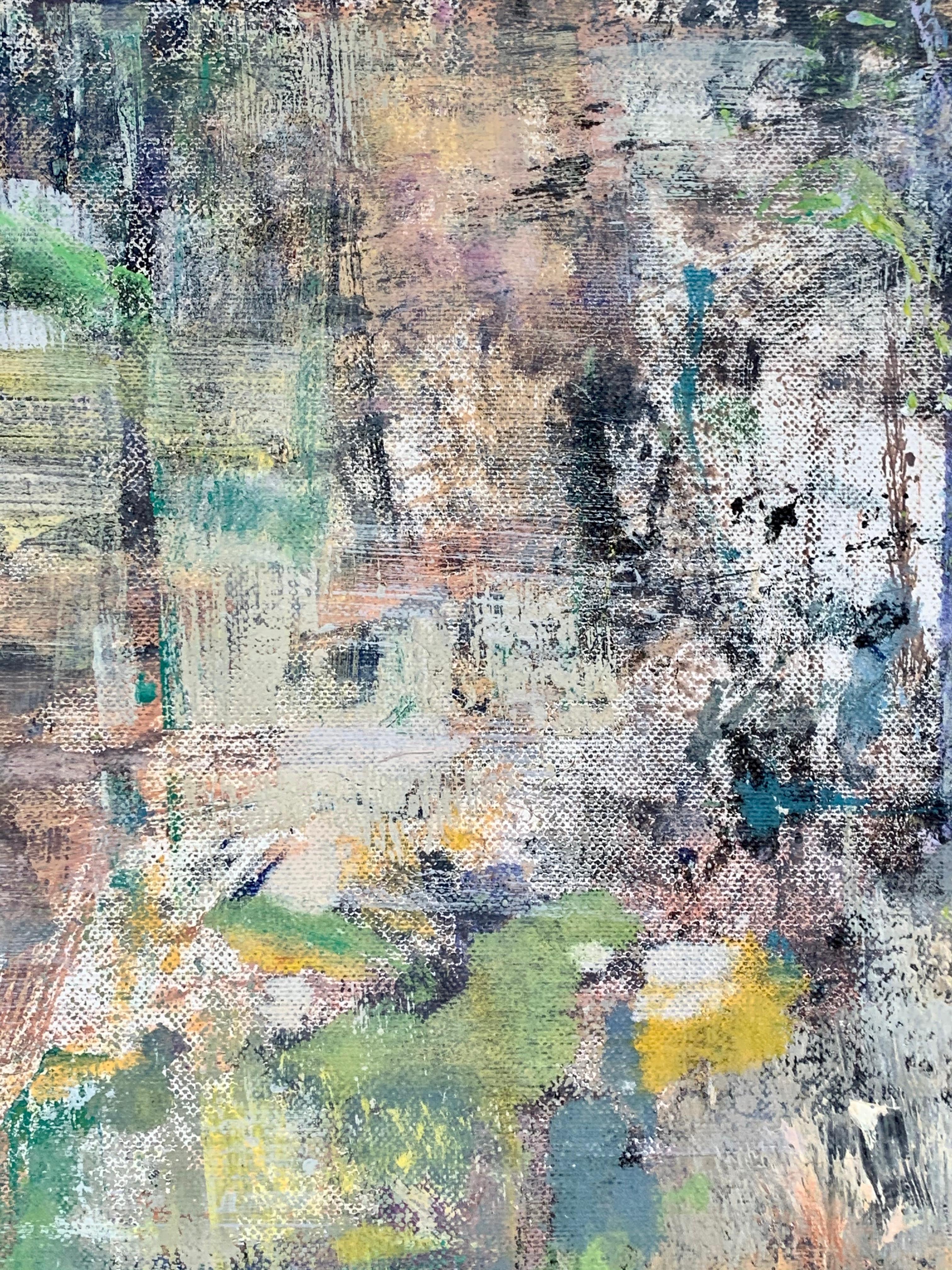 Gloria Saez, „Flores en el Jardin“, abstraktes Ölgemälde (Grau), Landscape Painting, von Gloria Sáez