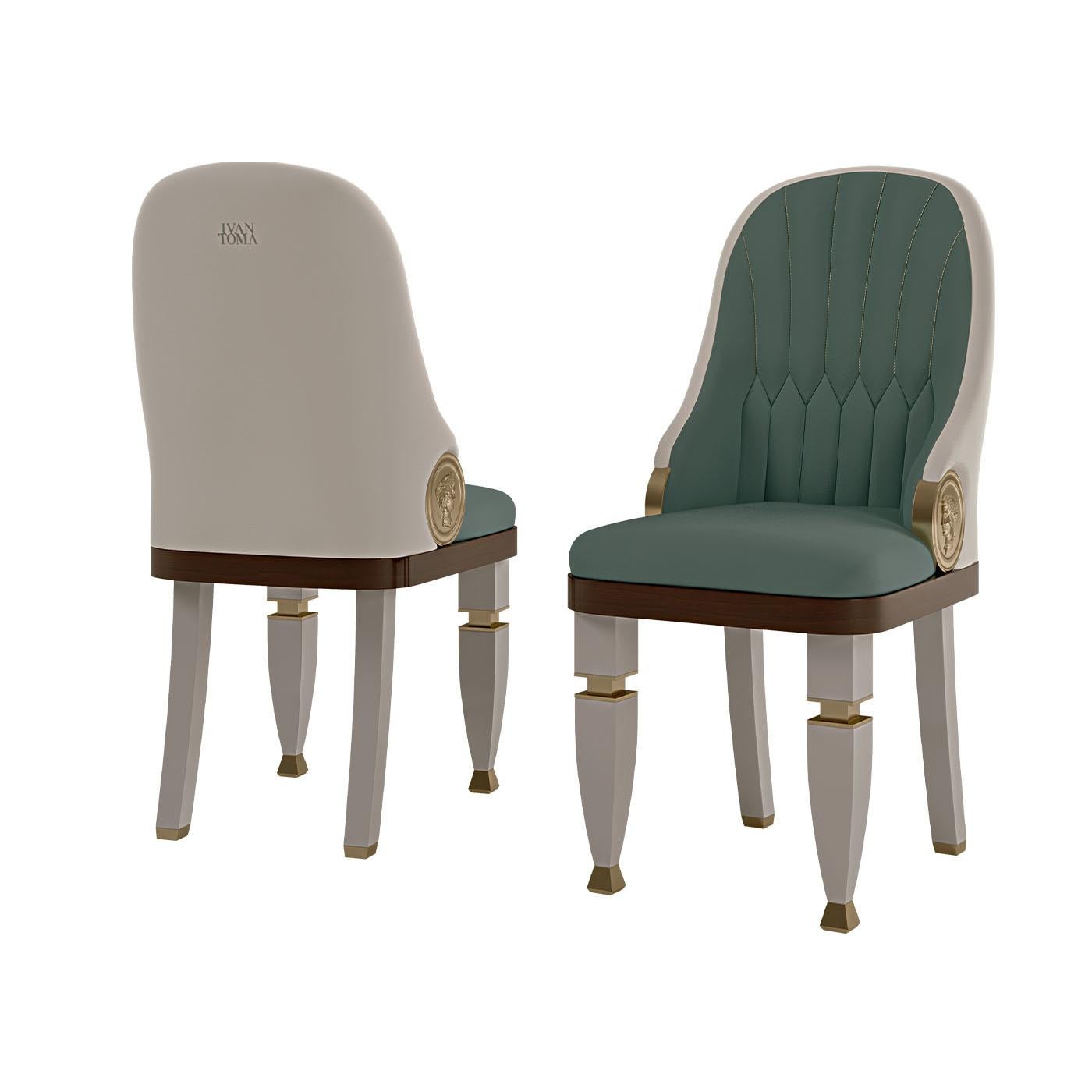 Defined by Renaissance, Baroque, and Egyptian style, this chair will elevate any living room or lounge decor. The ash frame has white-lacquered legs with gilded metal inserts contrasting the seat base is finished in medium-toned wood. Incorporating