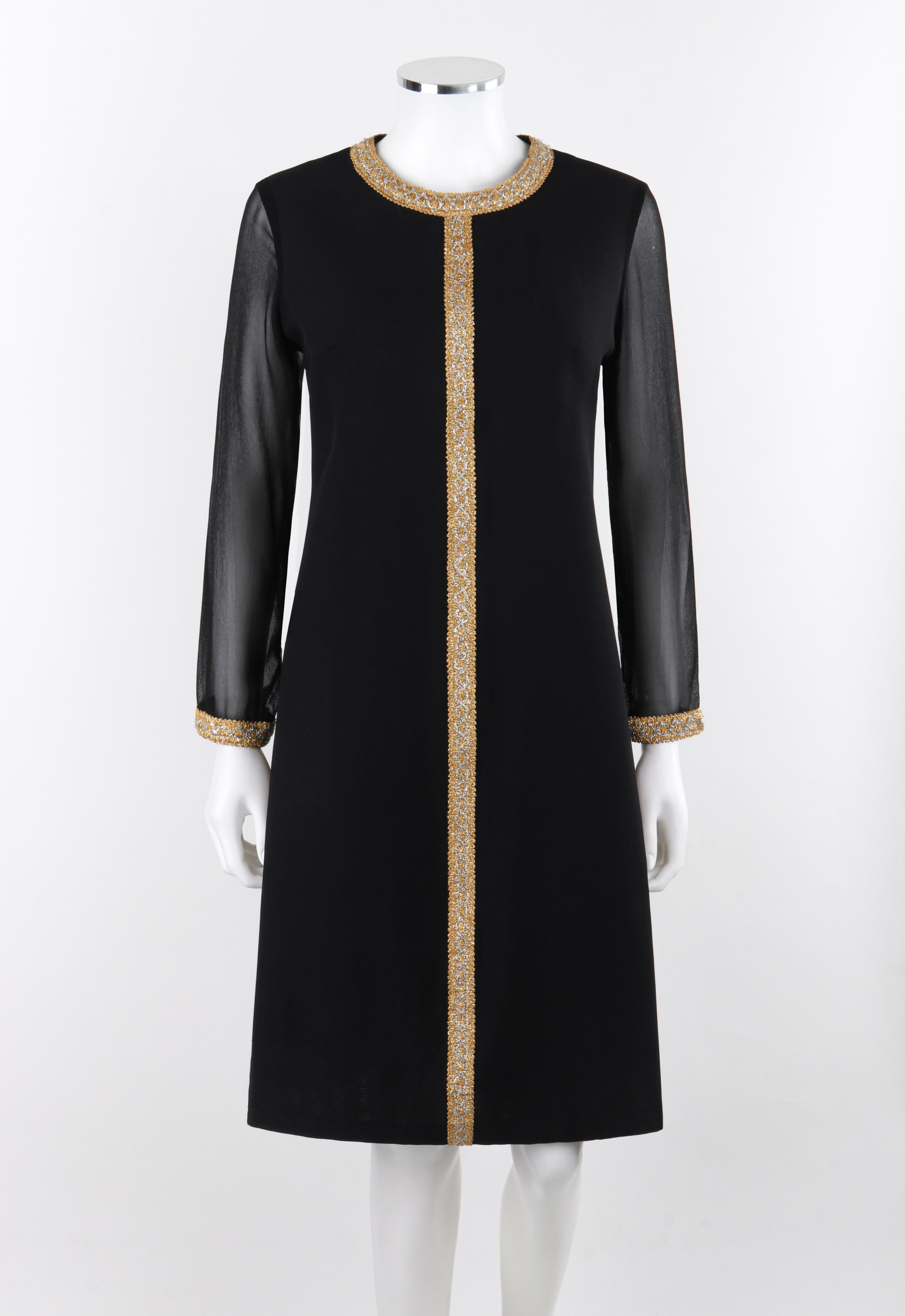 GLORIA SWANSON Puritan Forever Young c. 1960's Black Gold Sheer Sleeve Dress VTG

Brand / Manufacturer: Puritan Forever Young
Circa: 1960s
Designer: Gloria Swanson
Style: Cocktail Dress
Color(s): Black, Gold/silver (accents.)
Lined: No
Unmarked