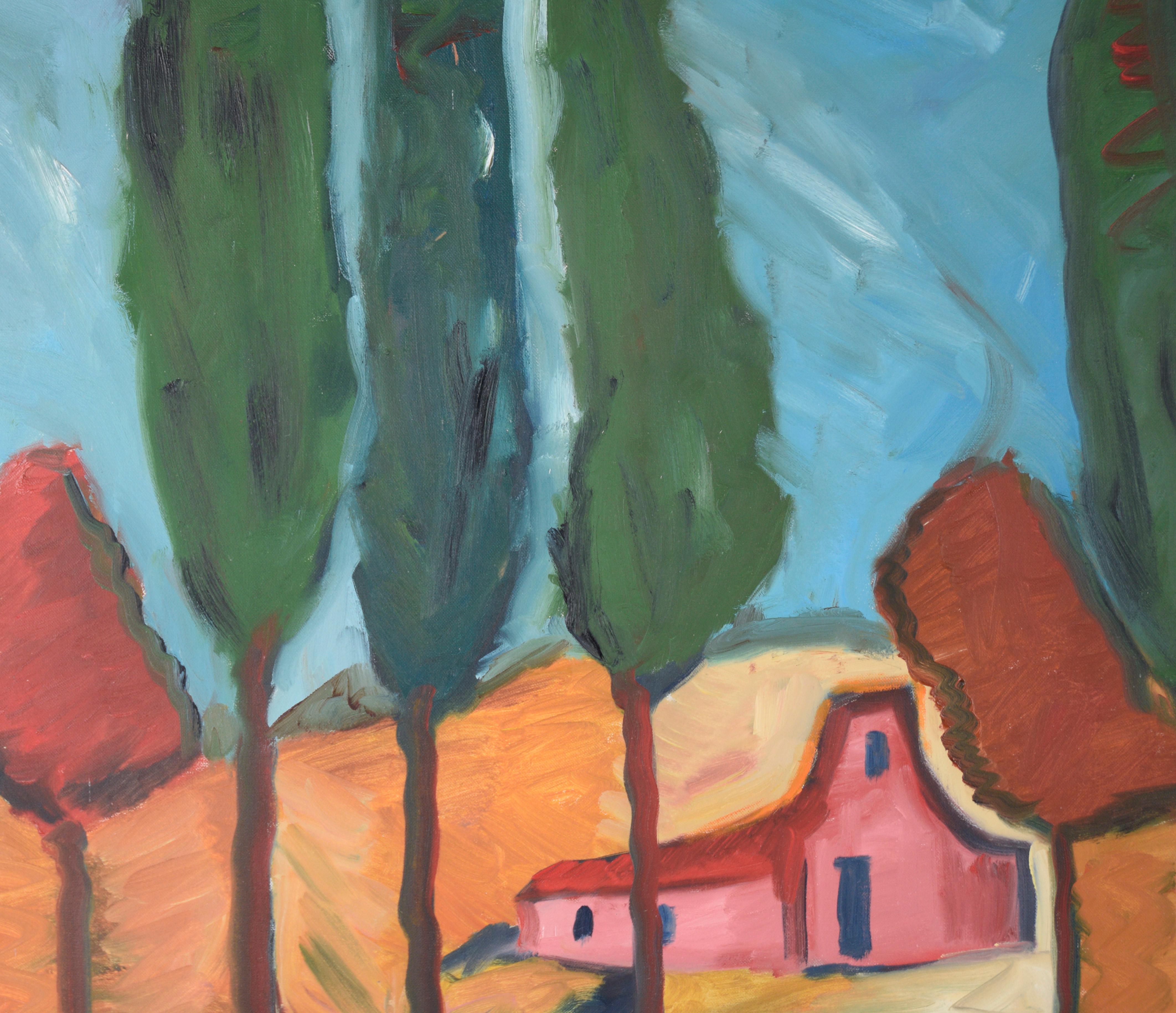 Barn by the River - Paysage expressionniste - Huile sur toile originale de Belgique - Painting de Gloria Takla