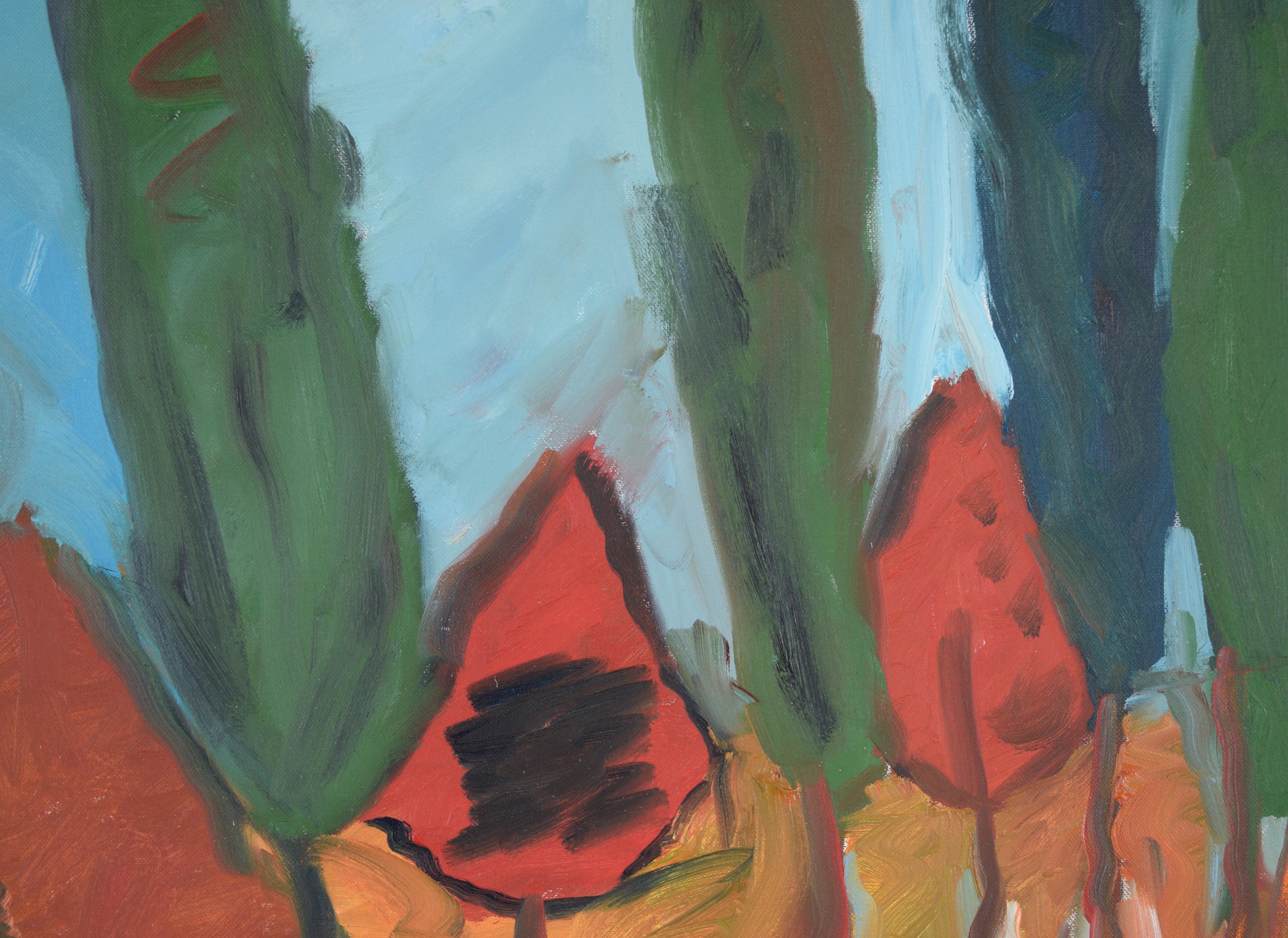 Barn by the River - Paysage expressionniste - Huile sur toile originale de Belgique - Expressionniste Painting par Gloria Takla
