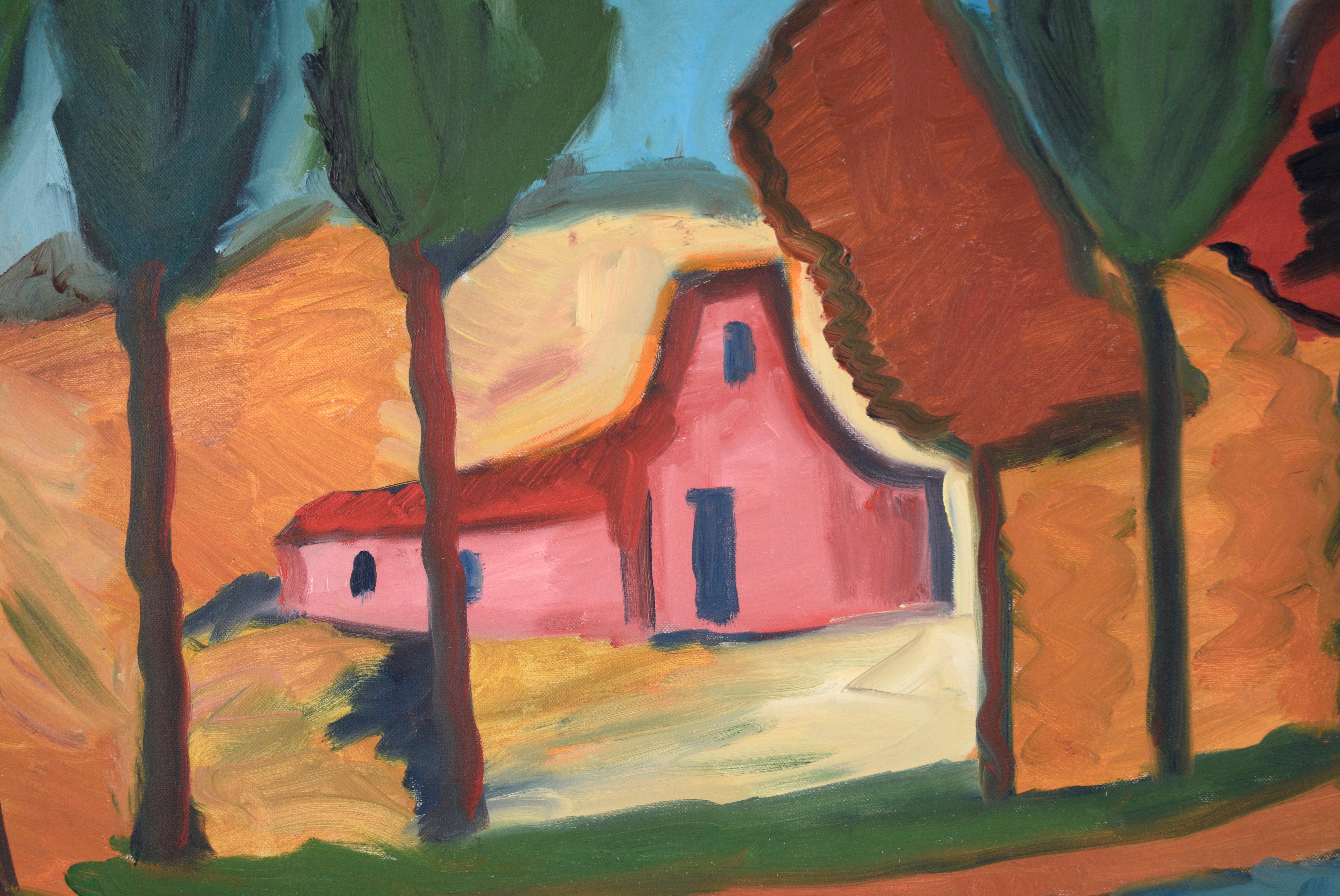 Grange belge au bord de la rivière - Paysage expressionniste à l'huile sur toile

Représentation vibrante d'une grange au bord d'une rivière par Gloria Takla (américaine/allemande, née en 1940). Une grange rose vif avec un toit rouge se trouve sur