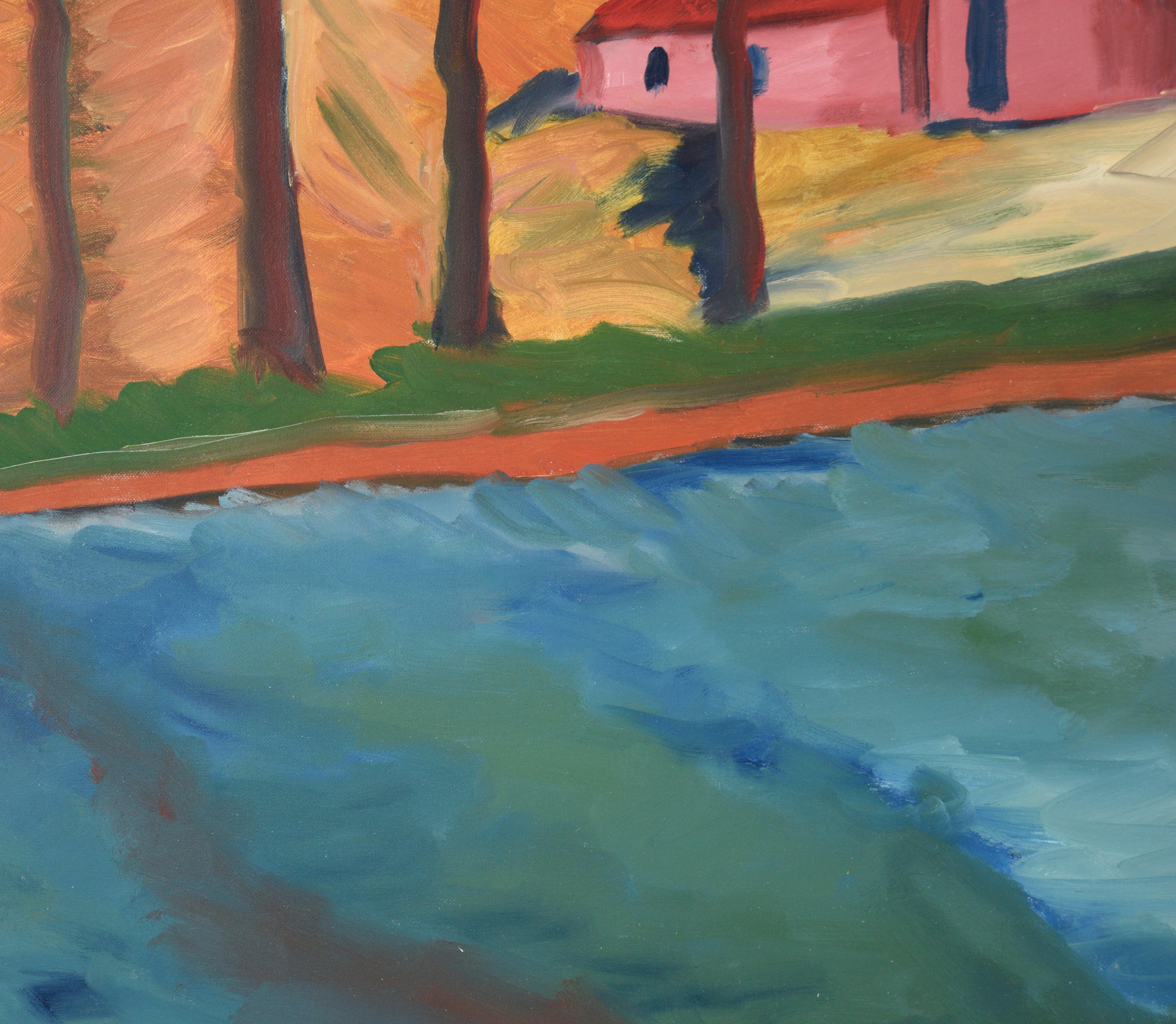 Barn by the River - Paysage expressionniste - Huile sur toile originale de Belgique en vente 1