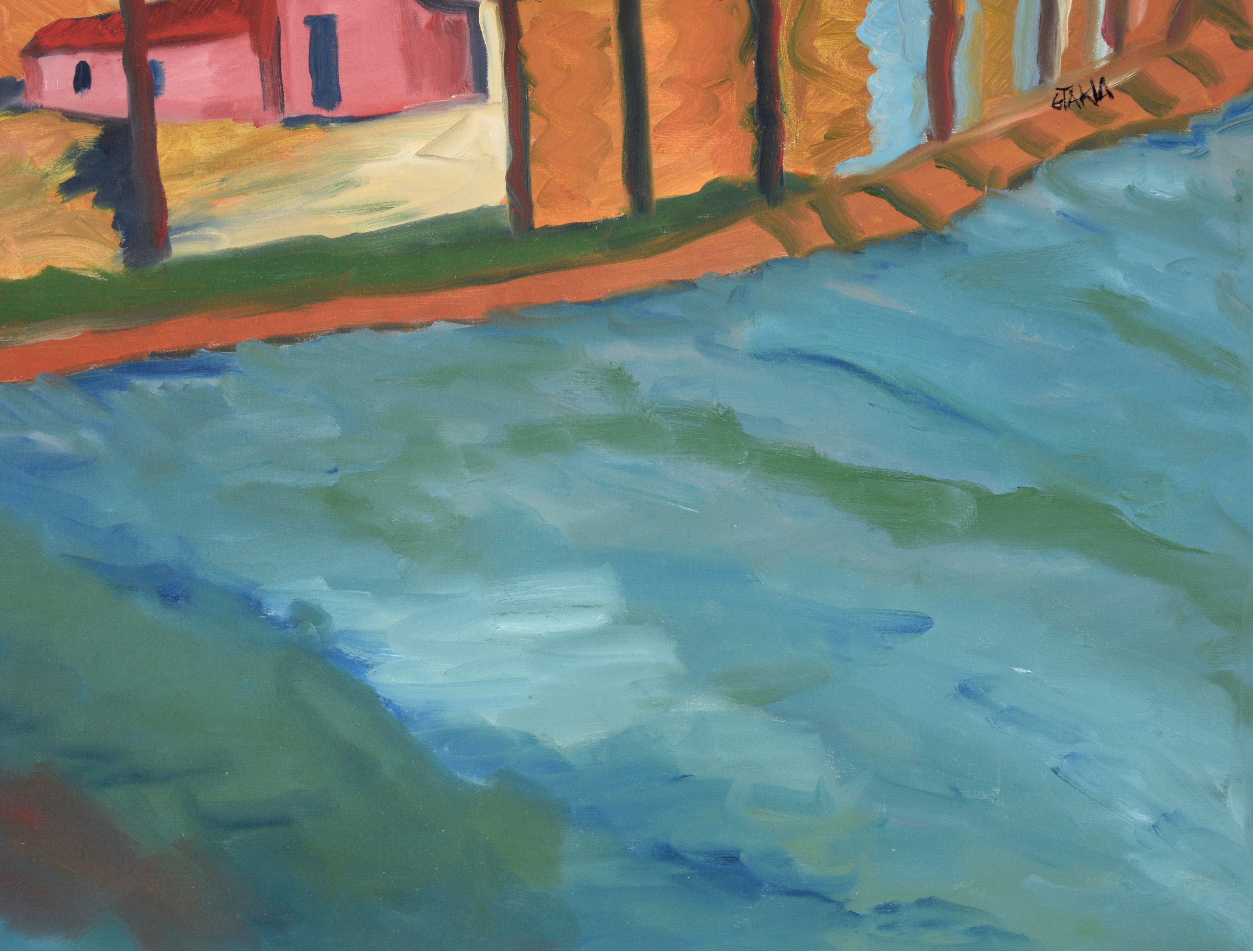 Barn by the River - Paysage expressionniste - Huile sur toile originale de Belgique en vente 2