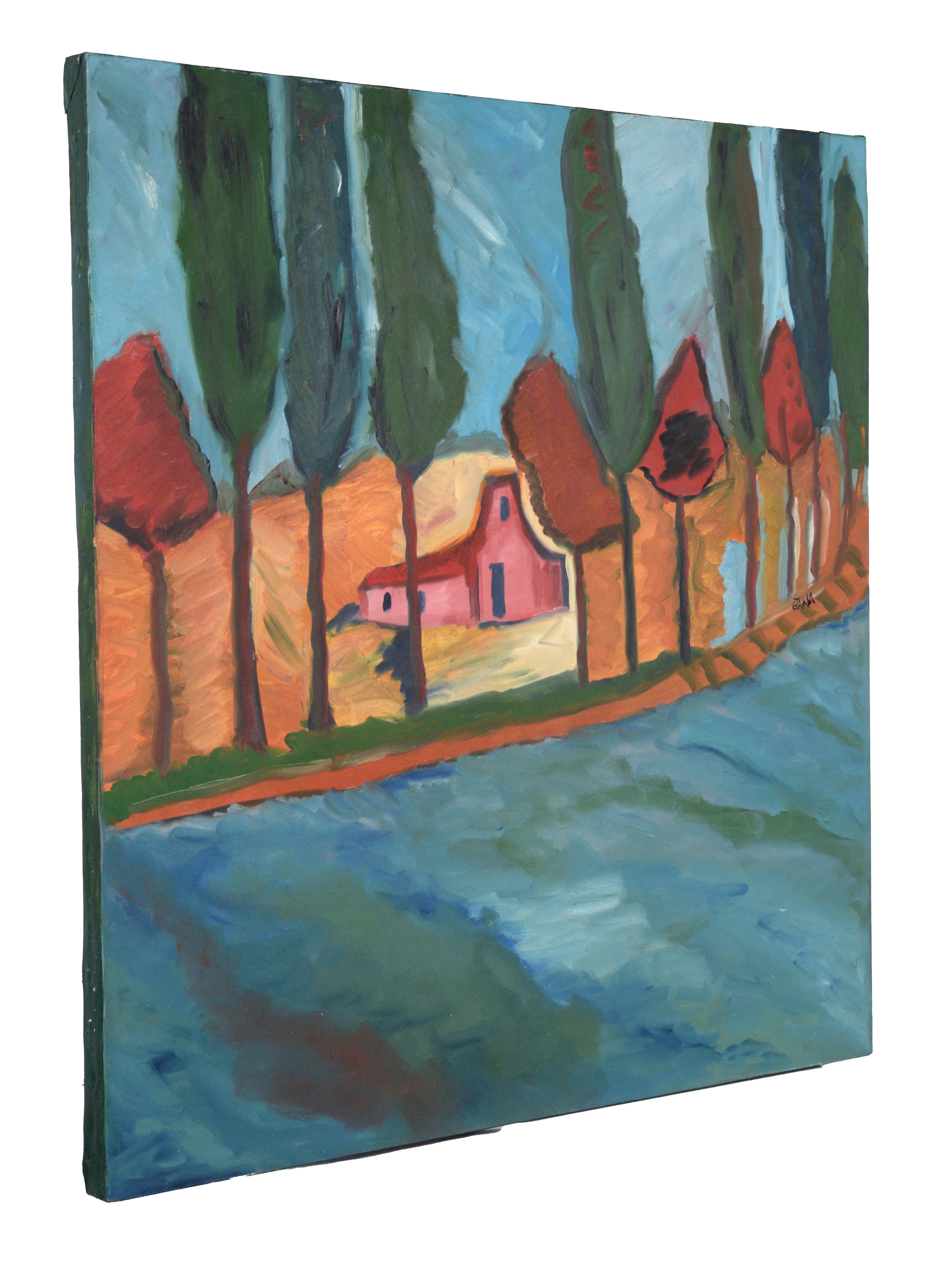 Barn by the River - Paysage expressionniste - Huile sur toile originale de Belgique en vente 4