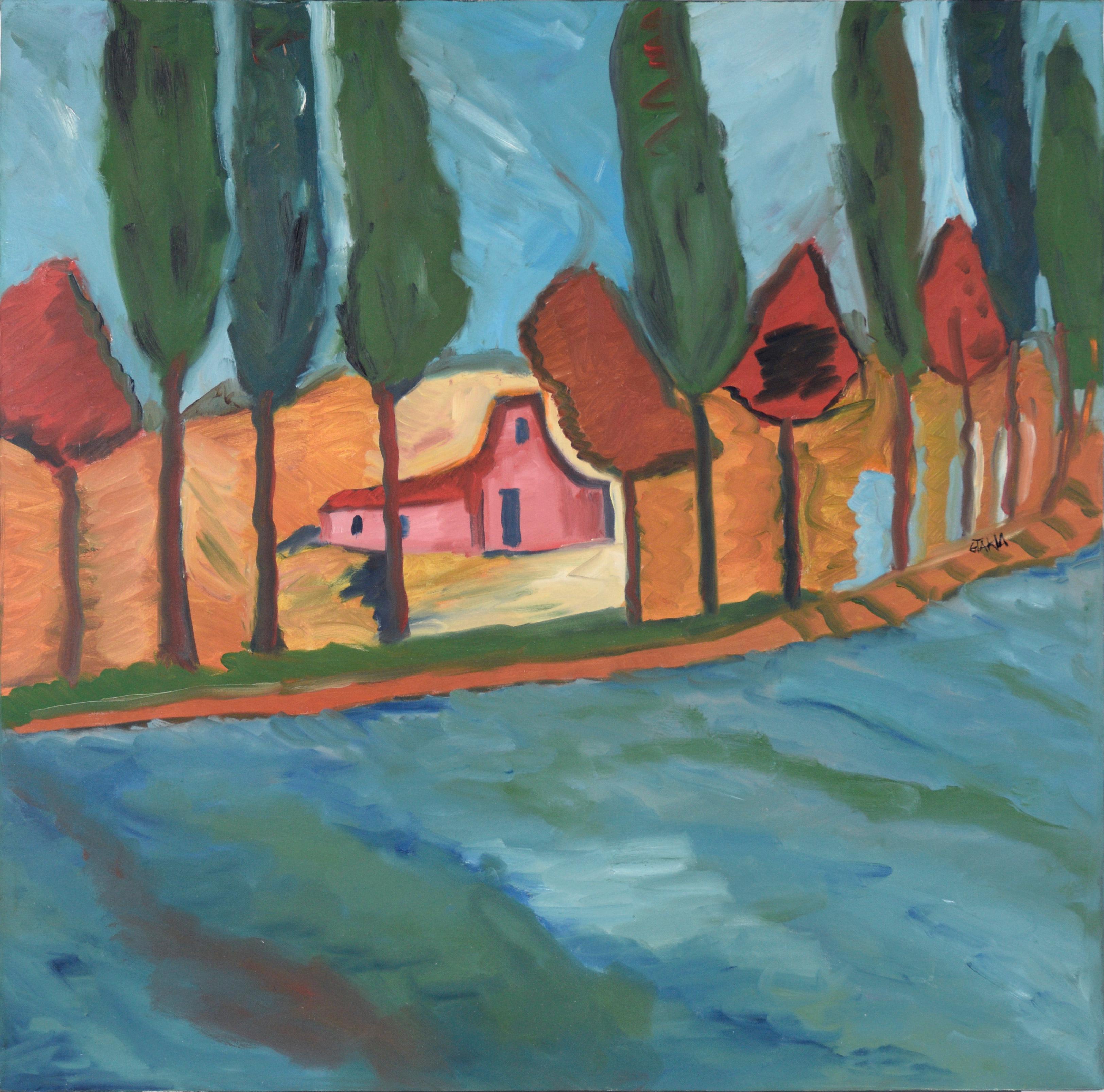 Landscape Painting Gloria Takla - Barn by the River - Paysage expressionniste - Huile sur toile originale de Belgique