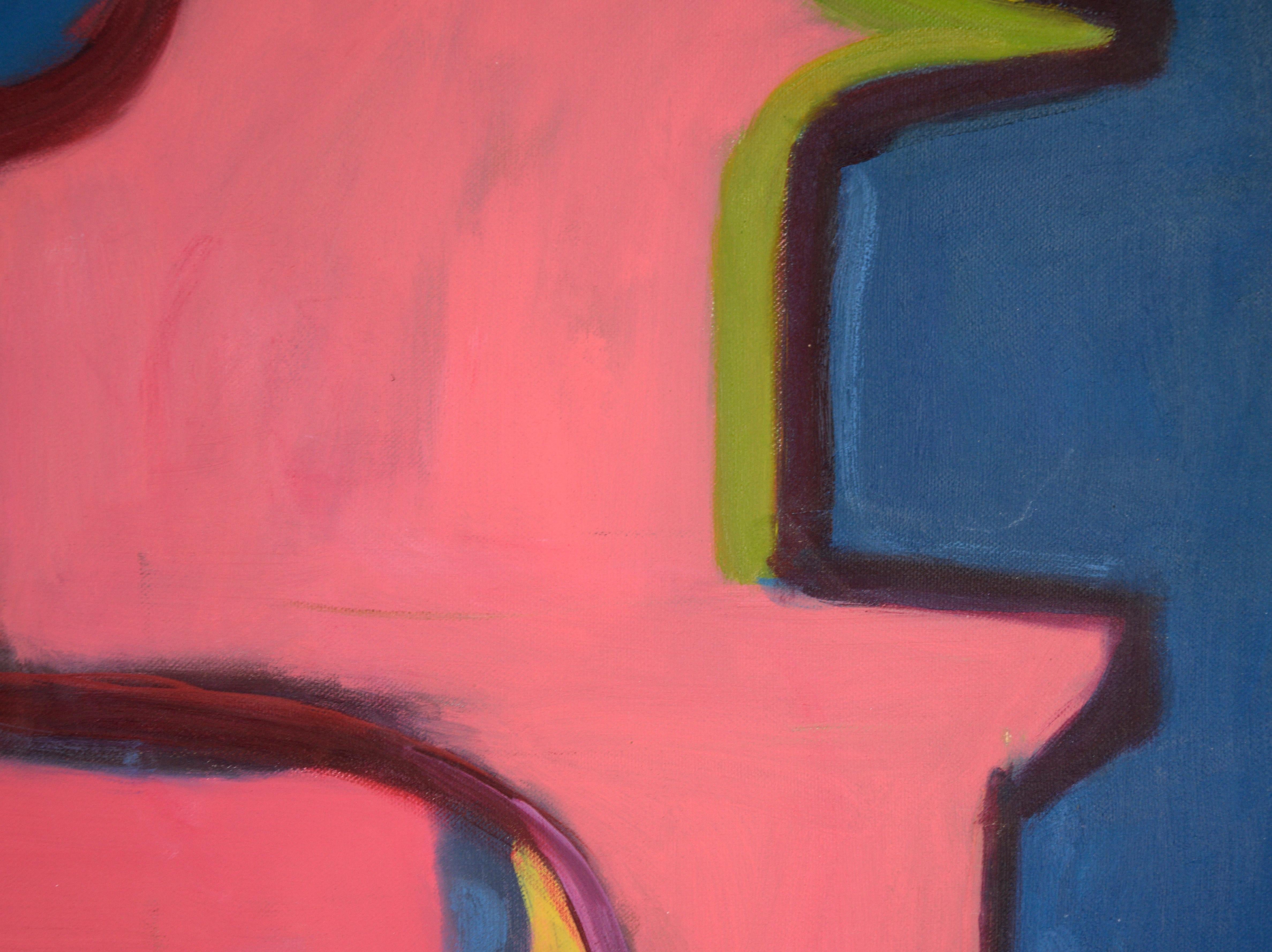 Lebendige Darstellung eines Innengartens von Gloria Takla (Amerikanerin/Deutsche, geb. 1940). Das in satten Farben gehaltene Werk zeigt einen einfachen Schnappschuss einer Palme, eingerahmt von einer leuchtend rosa Wand. Die Palme ist in einem
