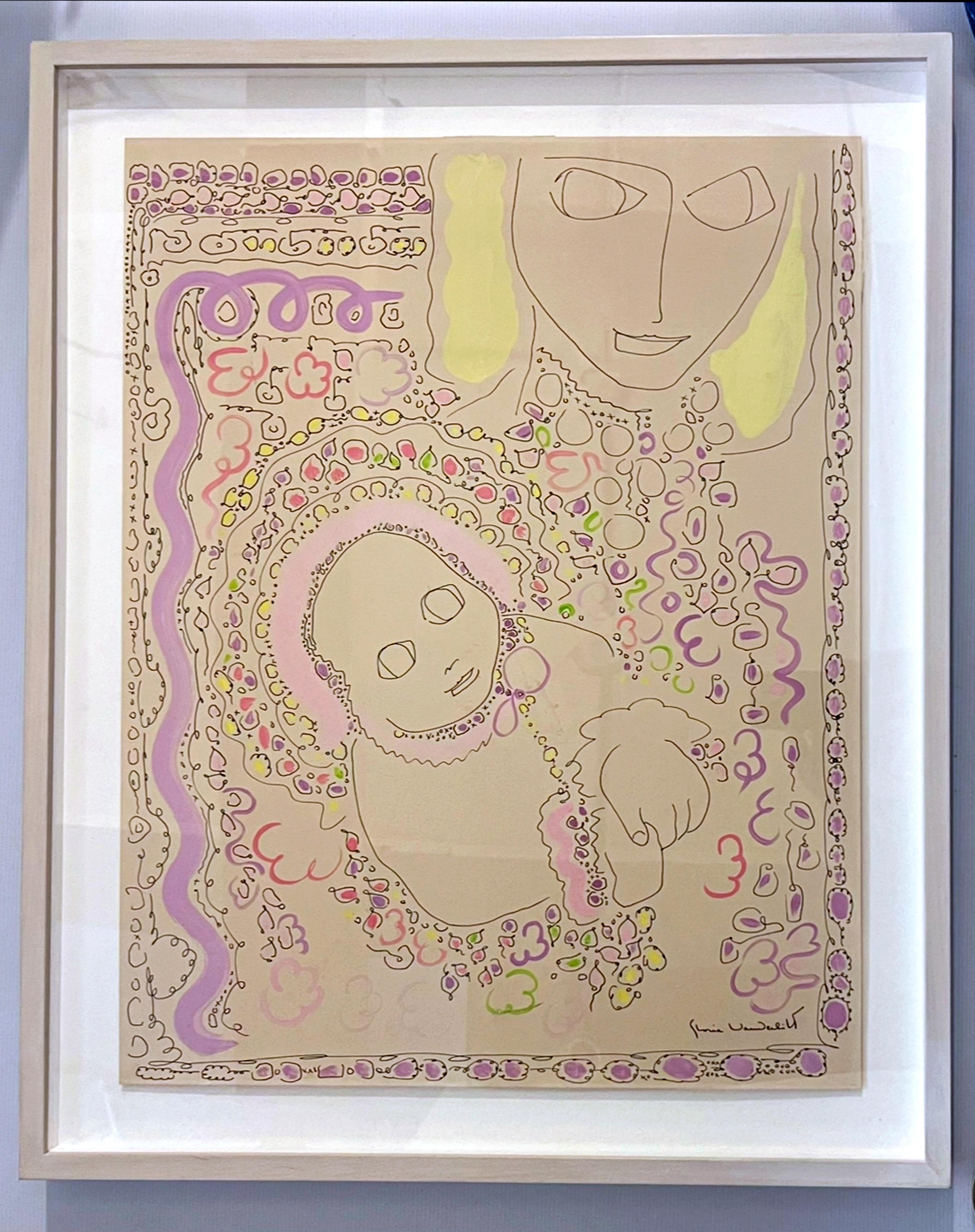 Gloria Vanderbilt
Untitled mother and child painting
Gouache on paper 
Signed by the artist on the front 
Frame included
A poignant painting of a mother and child from the 1960s. While the title is not known, some have suggested this could be a
