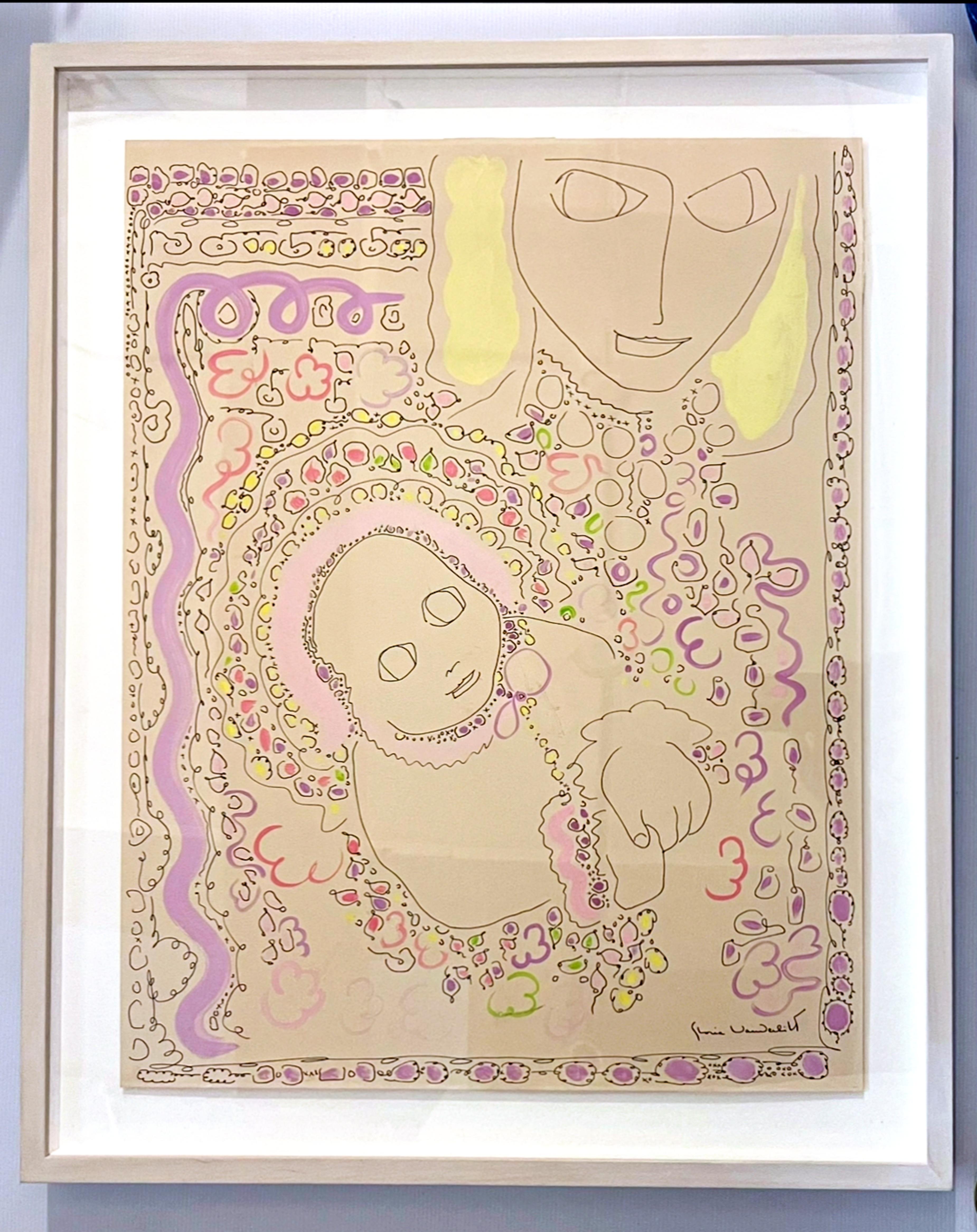 Gloria Vanderbilt Figurative Painting - Mother and child, Signed painting on paper (unique), Hammer Galleries, Framed