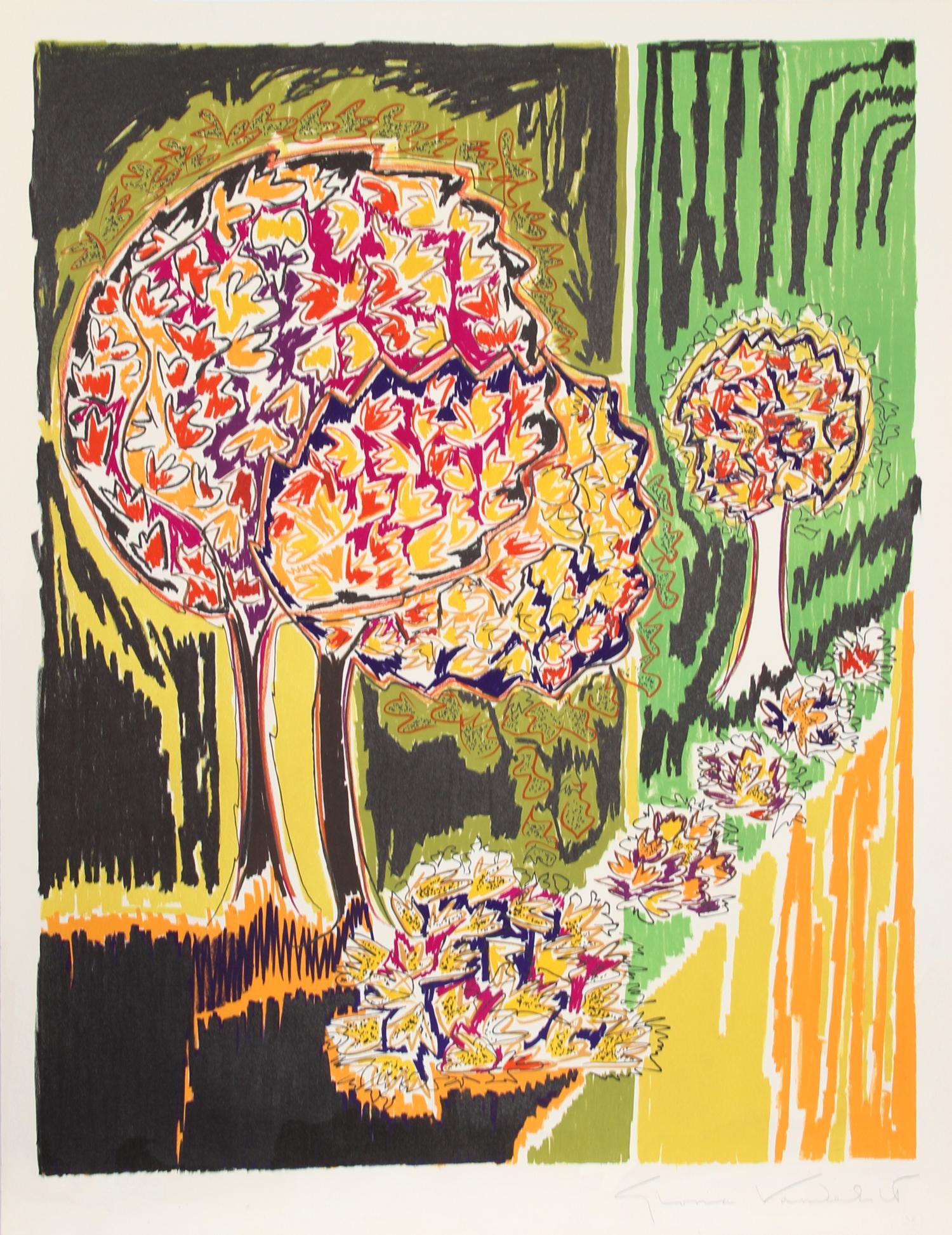 Artist: Gloria Vanderbilt, American (1924 - )
Title: Autumn
Year: circa 1970
Medium: Silkscreen on Arches Paper, Signed and numbered in Pencil
Edition: 250
Size: 31 in. x 24 in. (78.74 cm x 60.96 cm)

Publisher: Shorewood