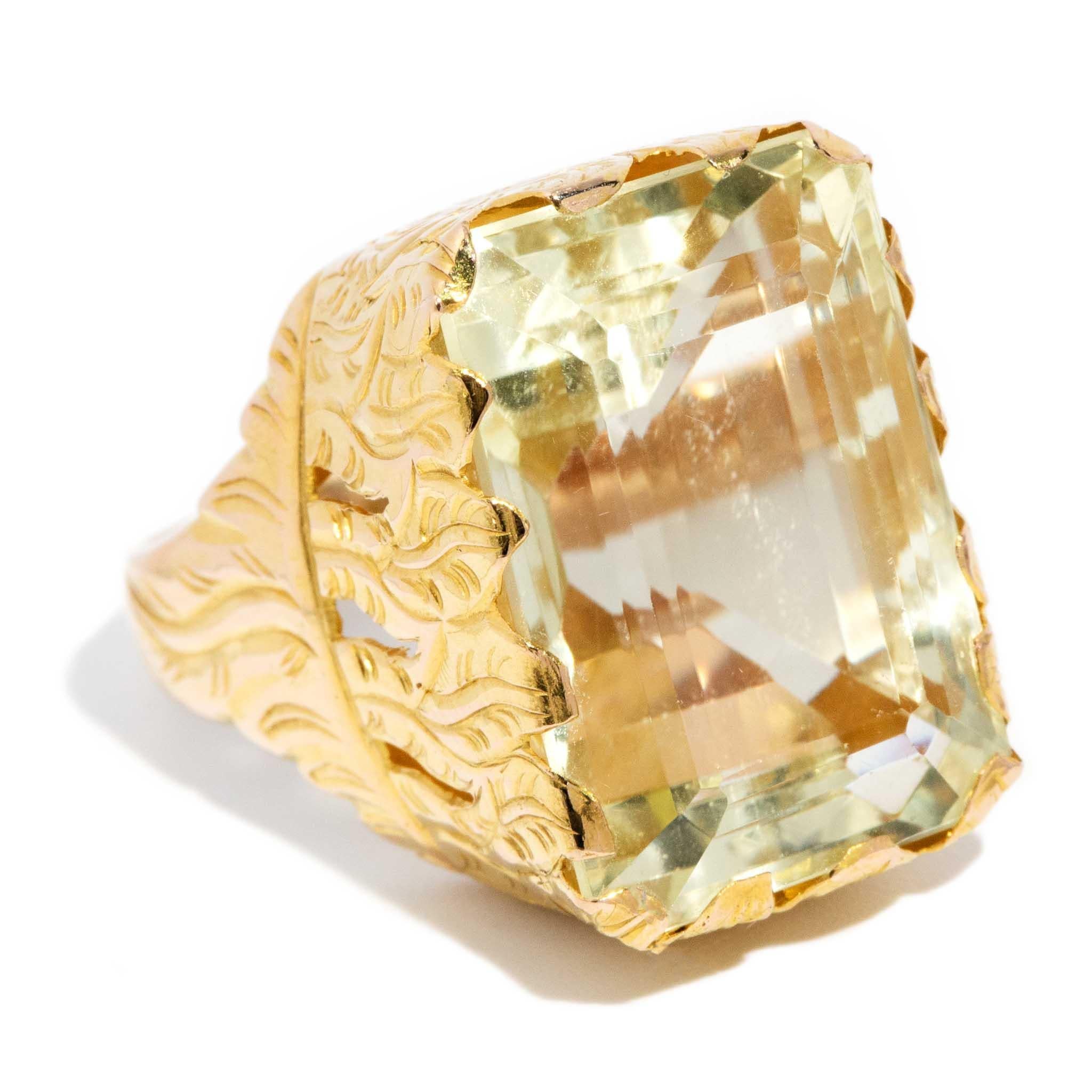 Modern Vintage Circa 1970s Light Green Quartz Cocktail Ring 21 Carat Yellow Gold For Sale