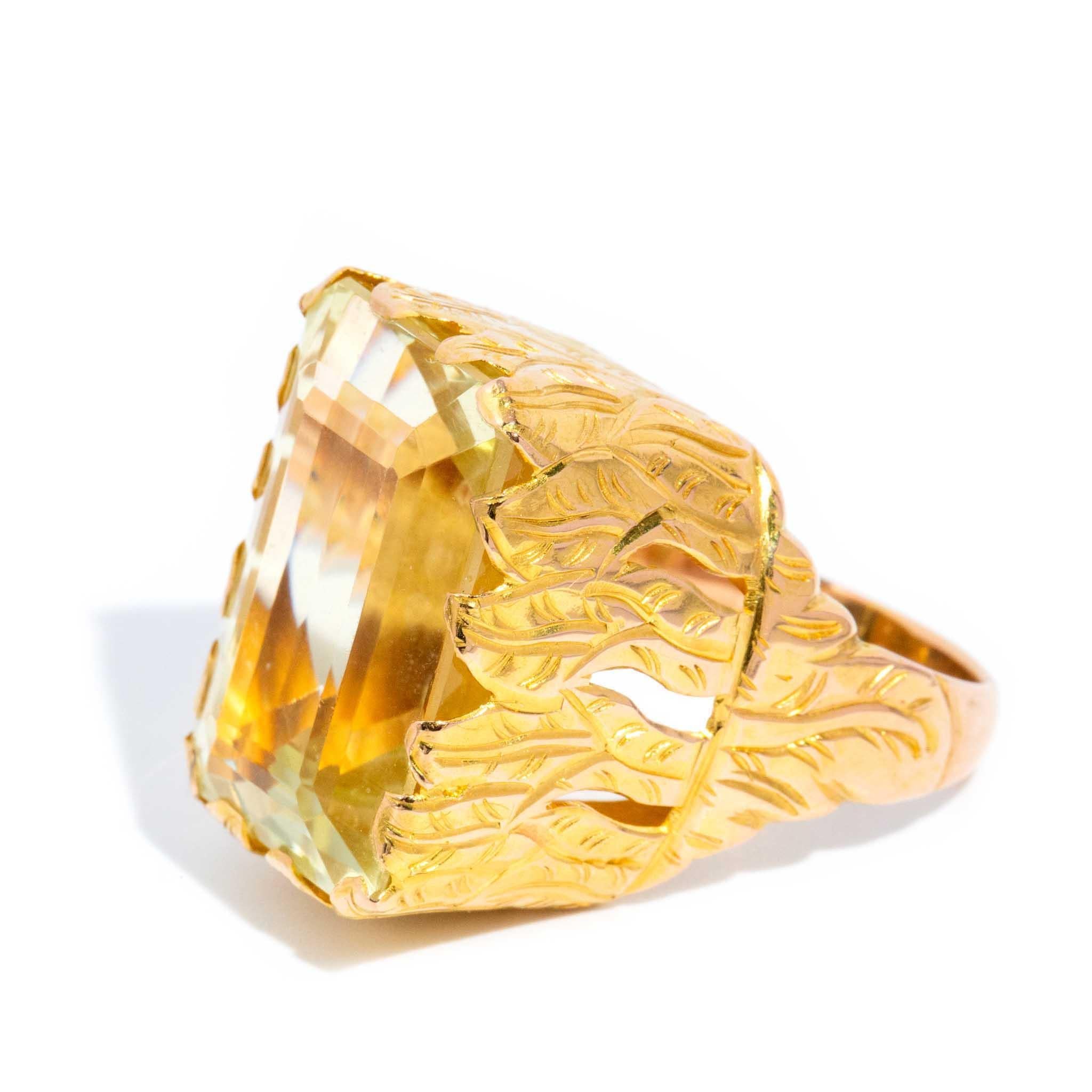 Emerald Cut Vintage Circa 1970s Light Green Quartz Cocktail Ring 21 Carat Yellow Gold For Sale