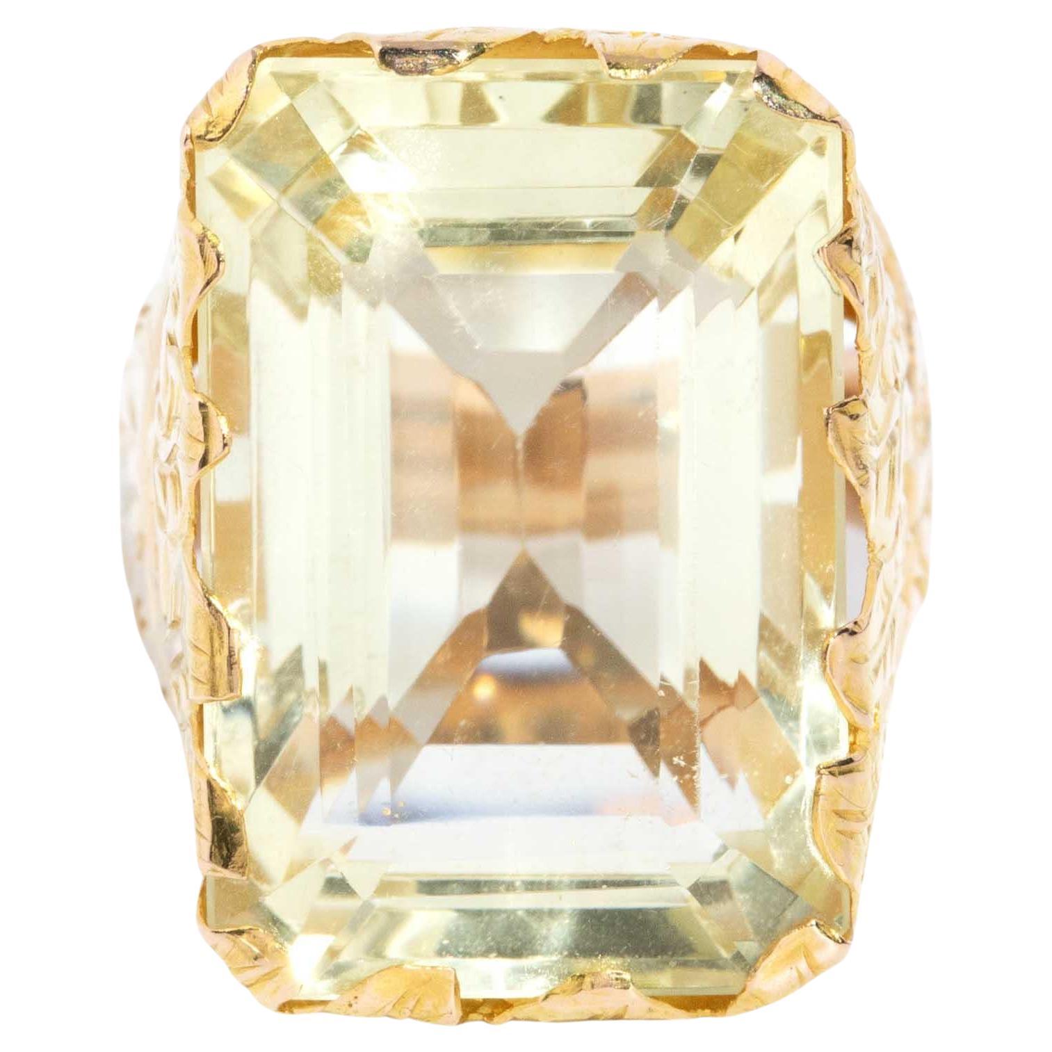 Vintage Circa 1970s Light Green Quartz Cocktail Ring 21 Carat Yellow Gold