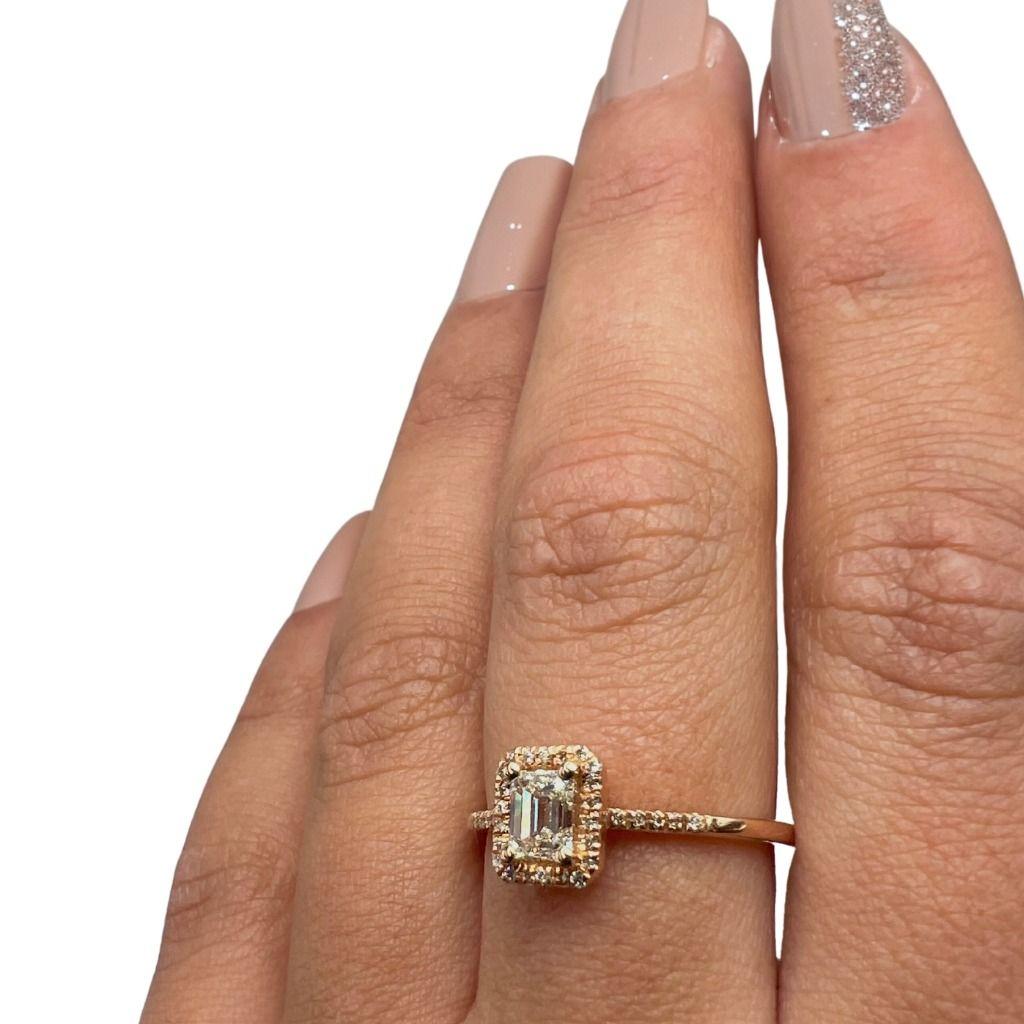 Emerald Cut Glorious 18k Rose Gold Halo Ring w/ 0.58 Carat Natural Diamonds IGI Certificate
