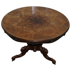 Glorious Book Cut Burr Walnut English Victorian Occasional Centre Dining Table Glorious Book Cut Burr Walnut English Victorian Occasional Centre Dining Table