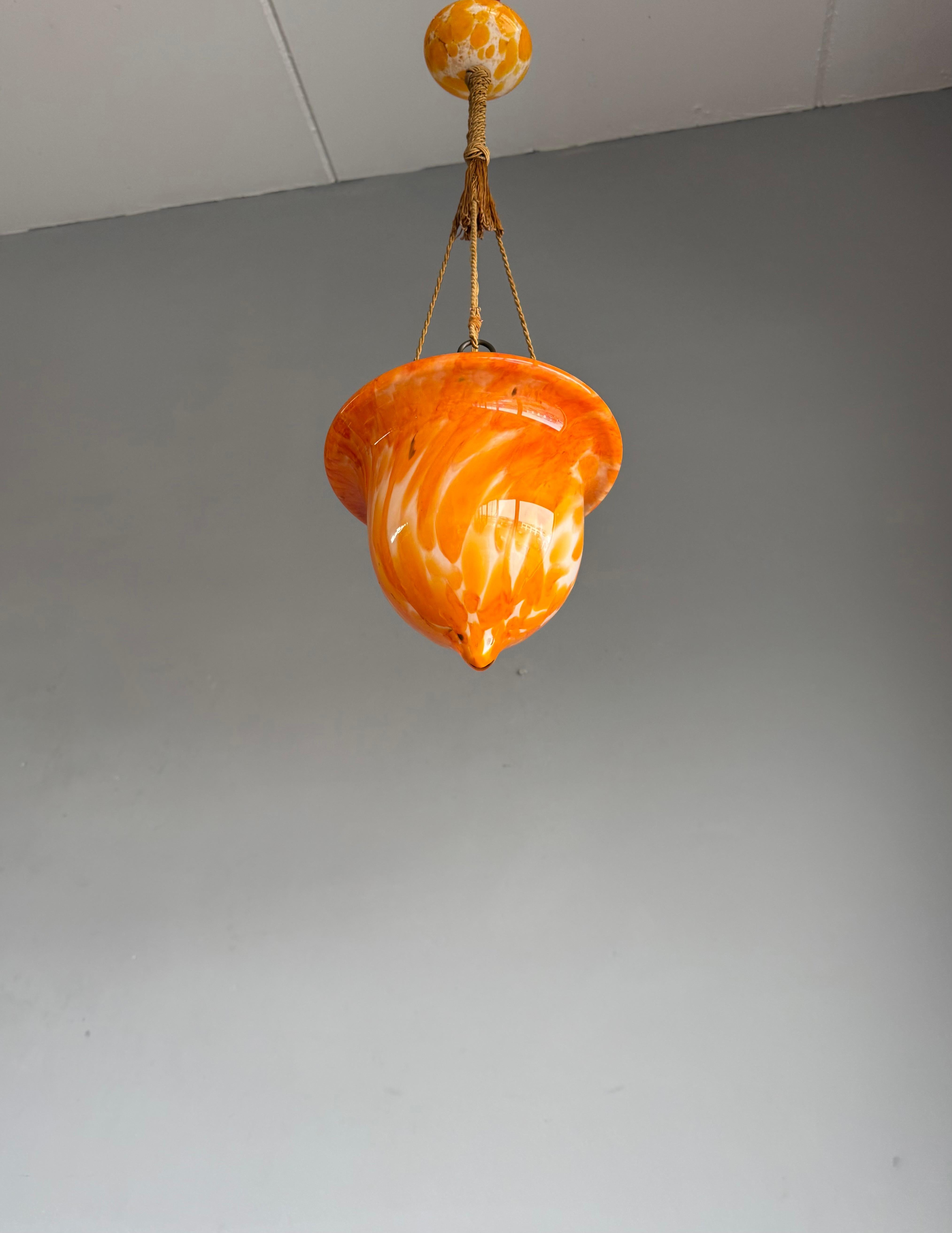 Glorious Design and Color Art & Crafts Glass Pendant Light, Canopy and Rope 1930 For Sale 2