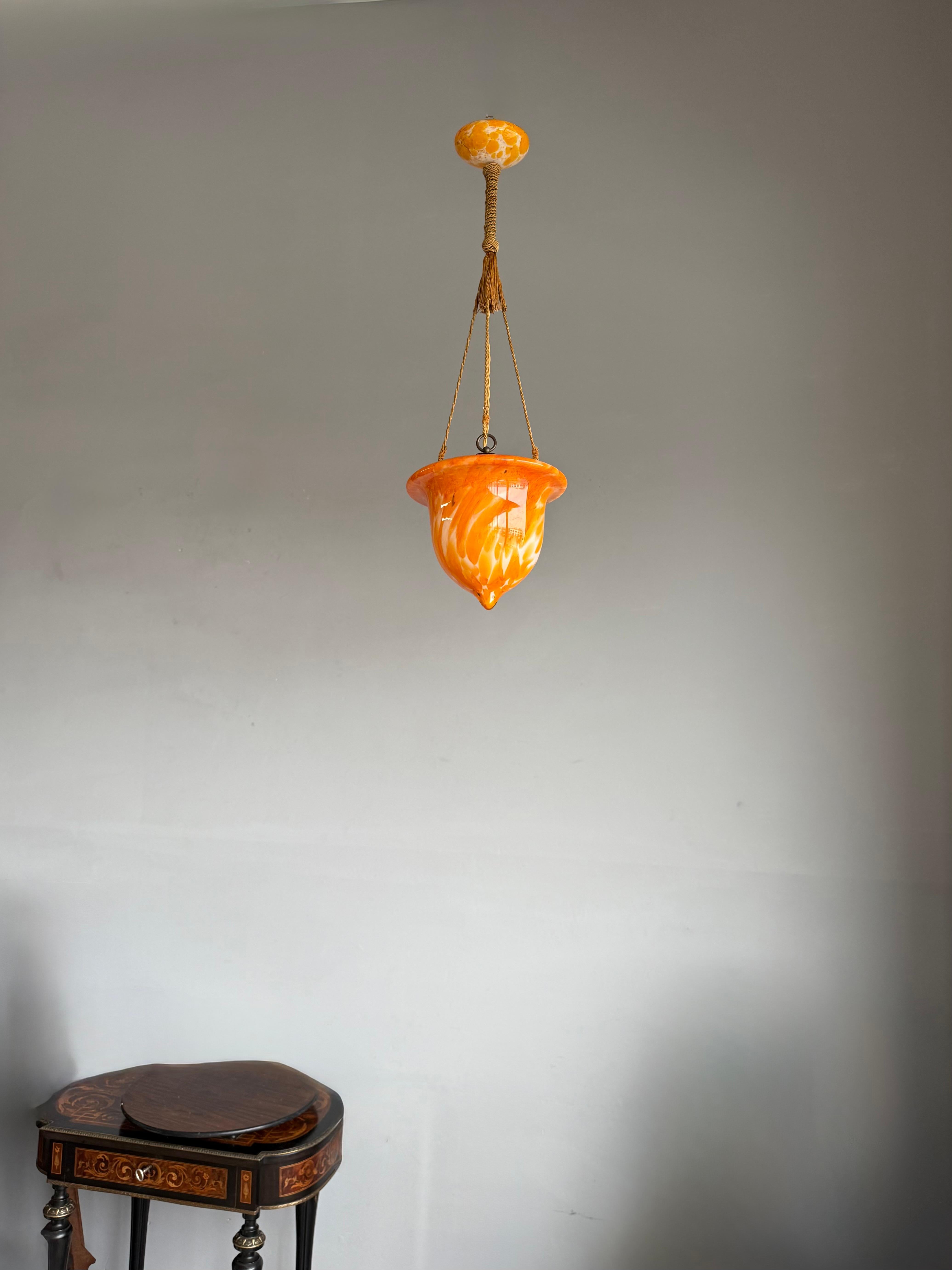 Glorious Design and Color Art & Crafts Glass Pendant Light, Canopy and Rope 1930 For Sale 3