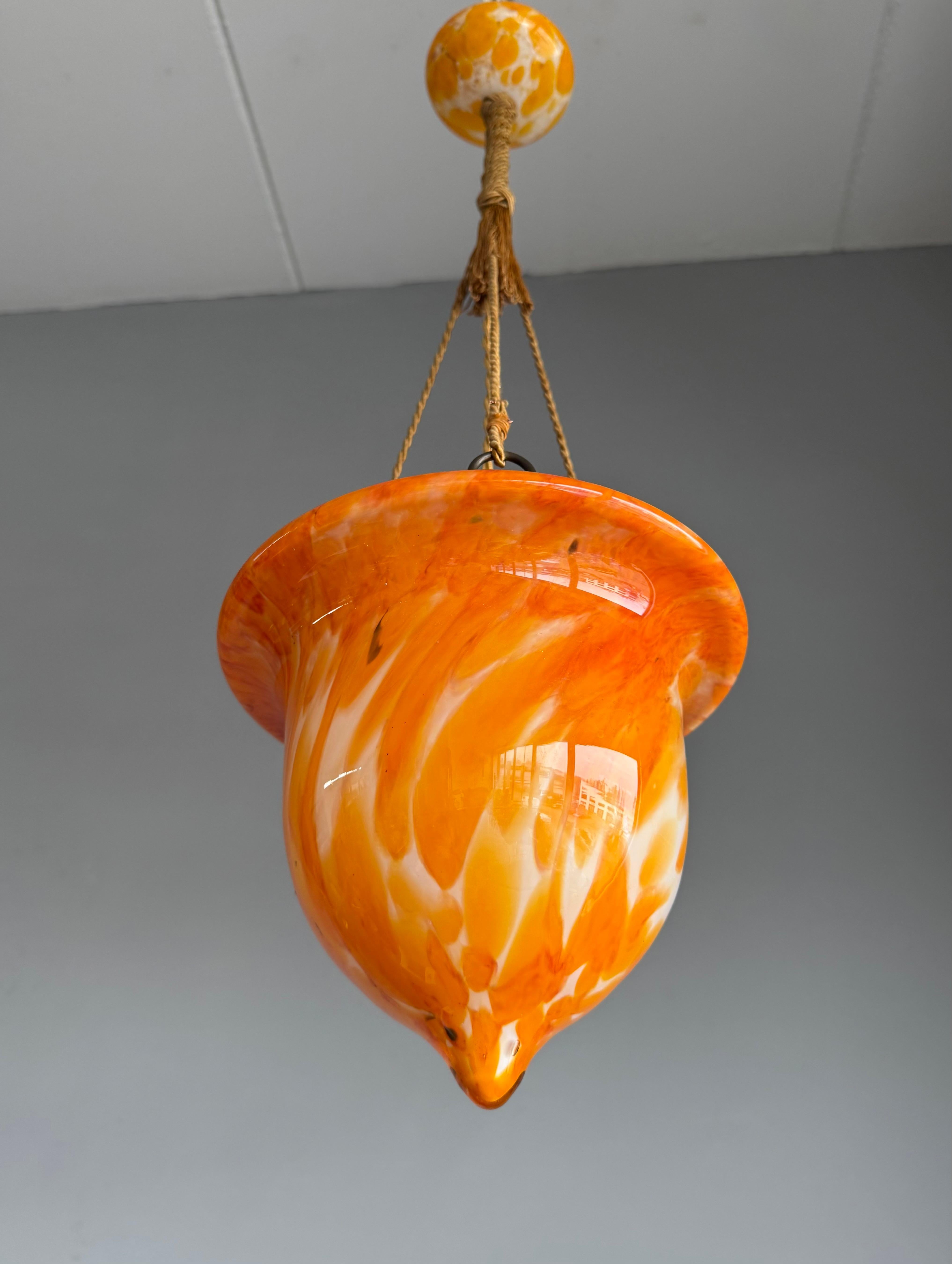Glorious Design and Color Art & Crafts Glass Pendant Light, Canopy and Rope 1930 For Sale 4