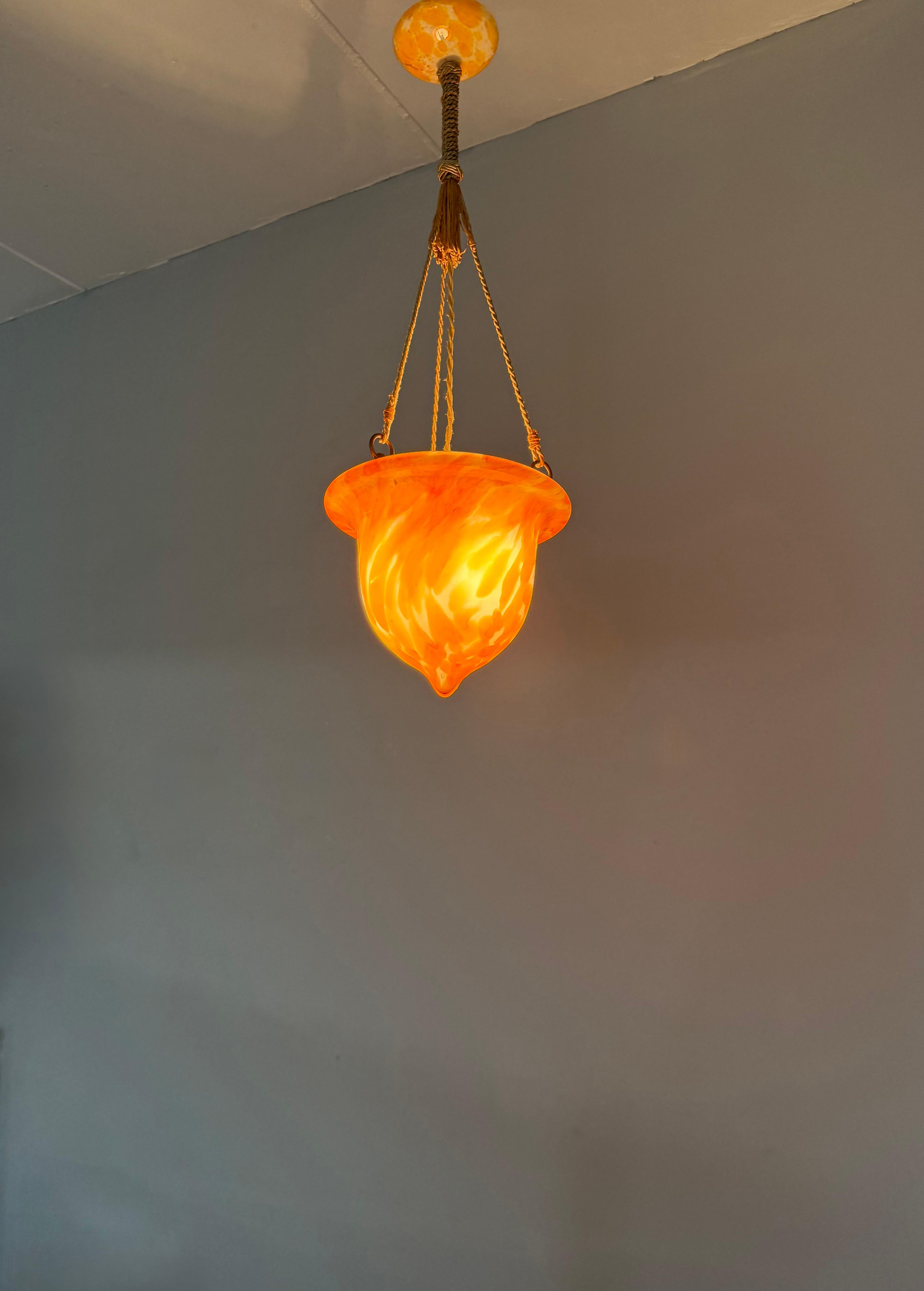 Glorious Design and Color Art & Crafts Glass Pendant Light, Canopy and Rope 1930 For Sale 5
