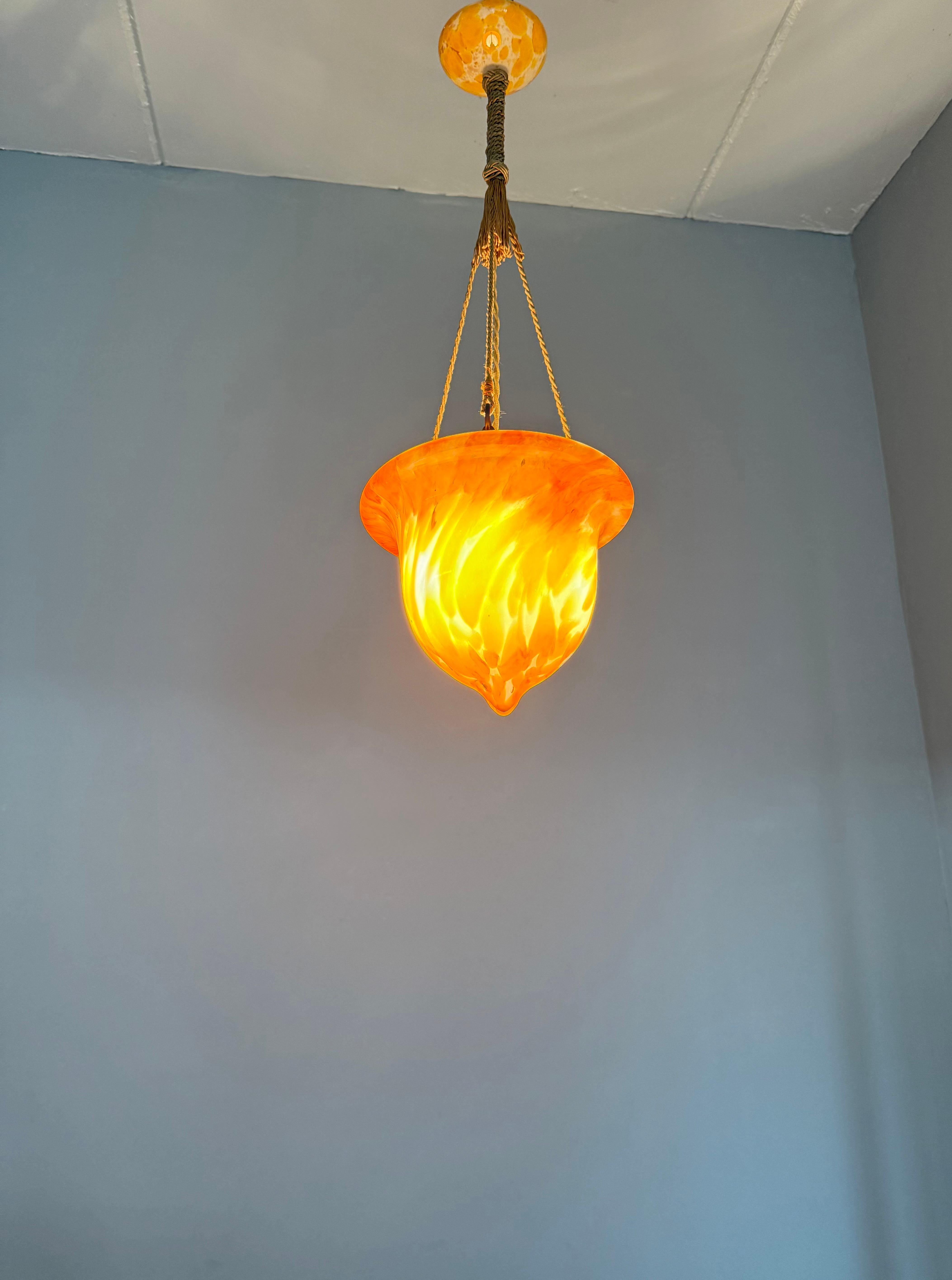 Glorious Design and Color Art & Crafts Glass Pendant Light, Canopy and Rope 1930 For Sale 6
