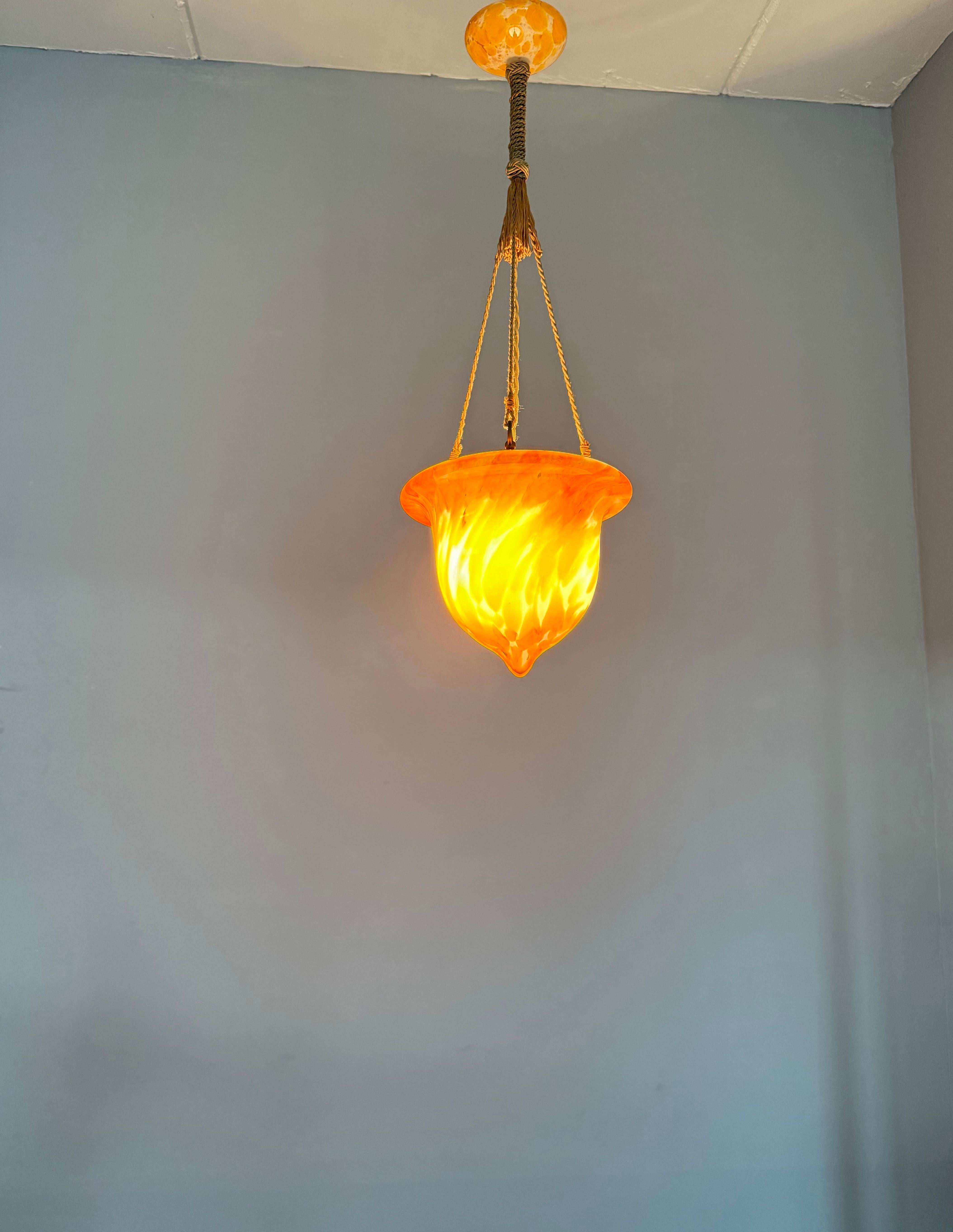 Glorious Design and Color Art & Crafts Glass Pendant Light, Canopy and Rope 1930 For Sale 7