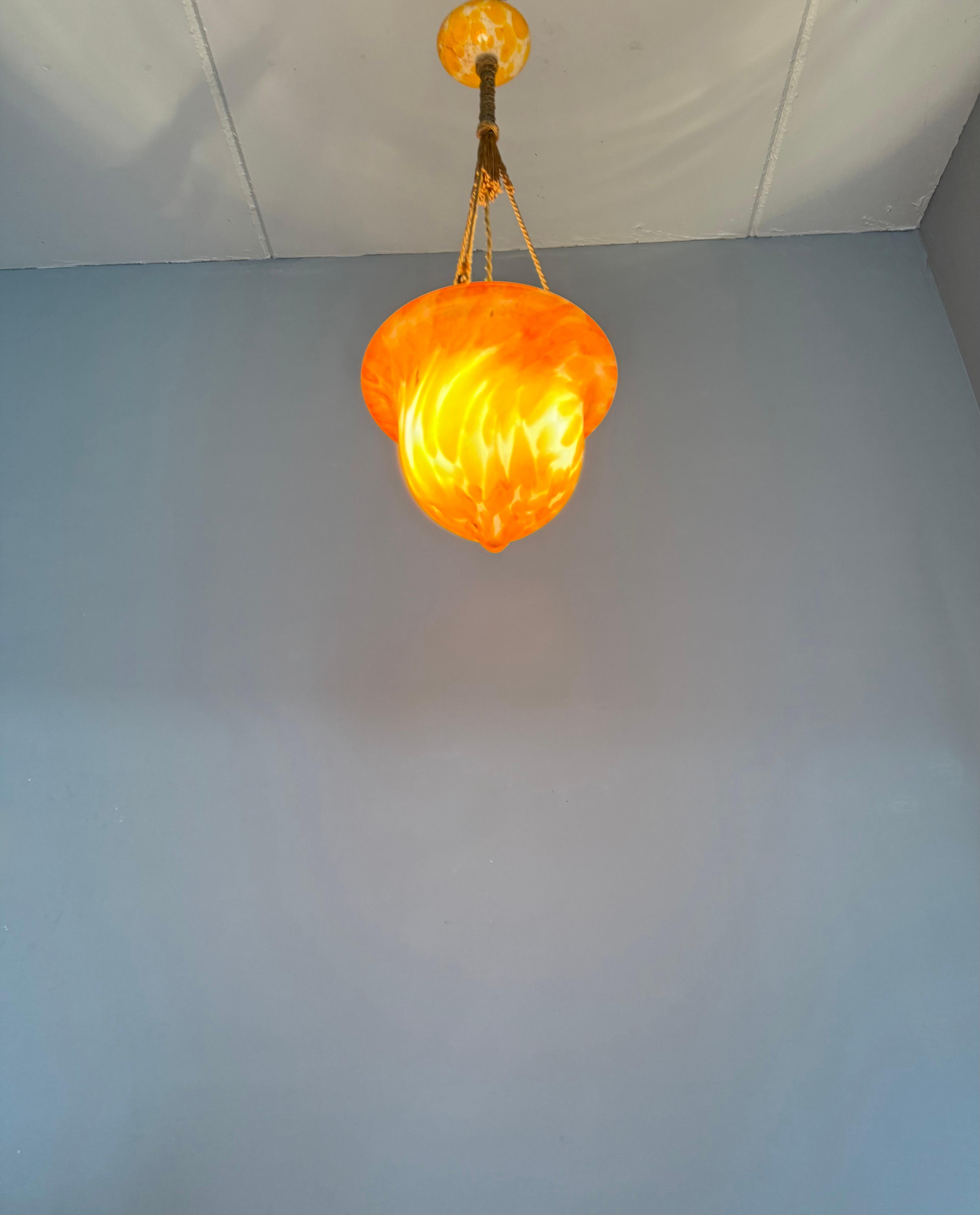Glorious Design and Color Art & Crafts Glass Pendant Light, Canopy and Rope 1930 For Sale 8