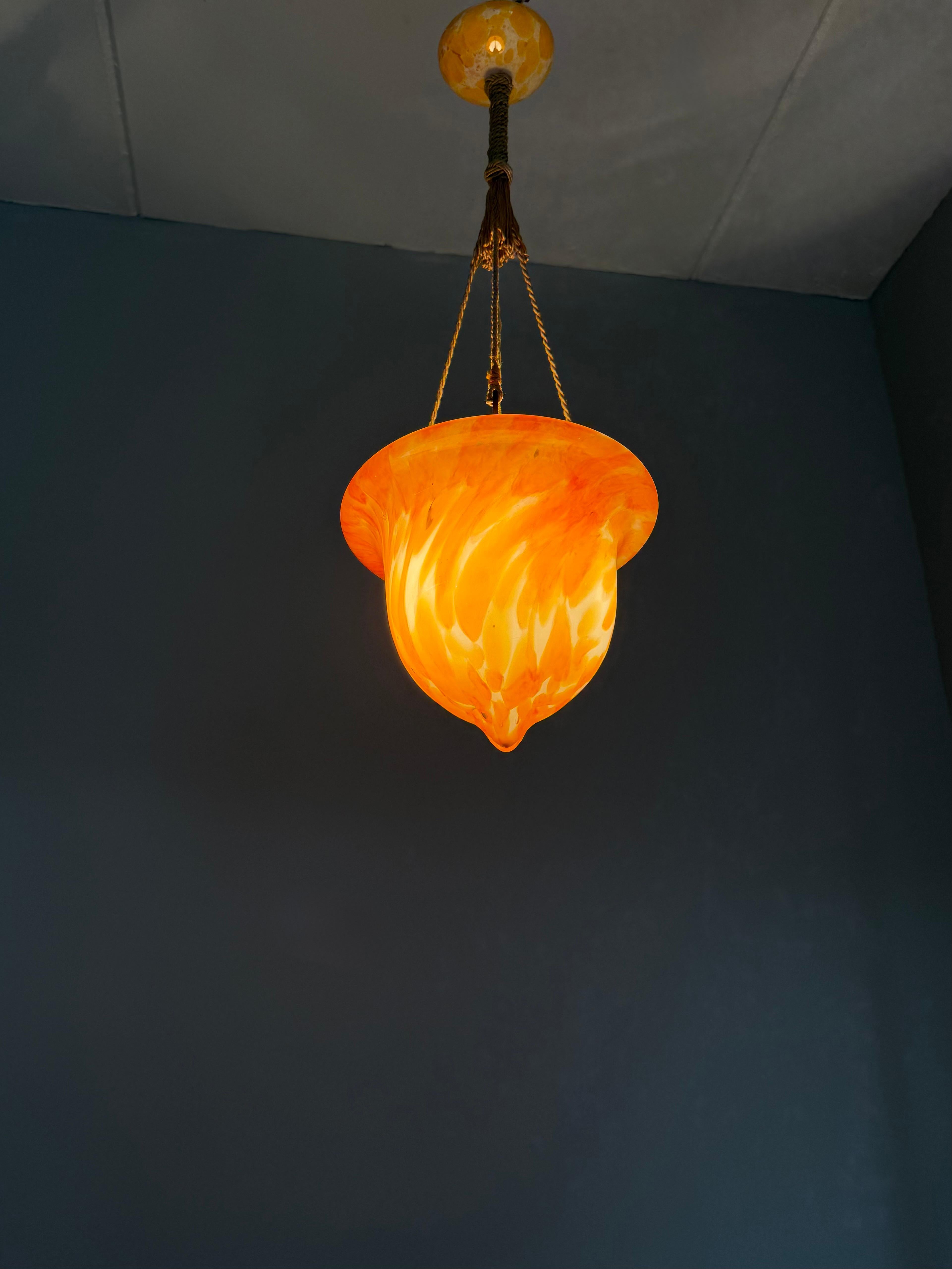 Glorious Design and Color Art & Crafts Glass Pendant Light, Canopy and Rope 1930 For Sale 9