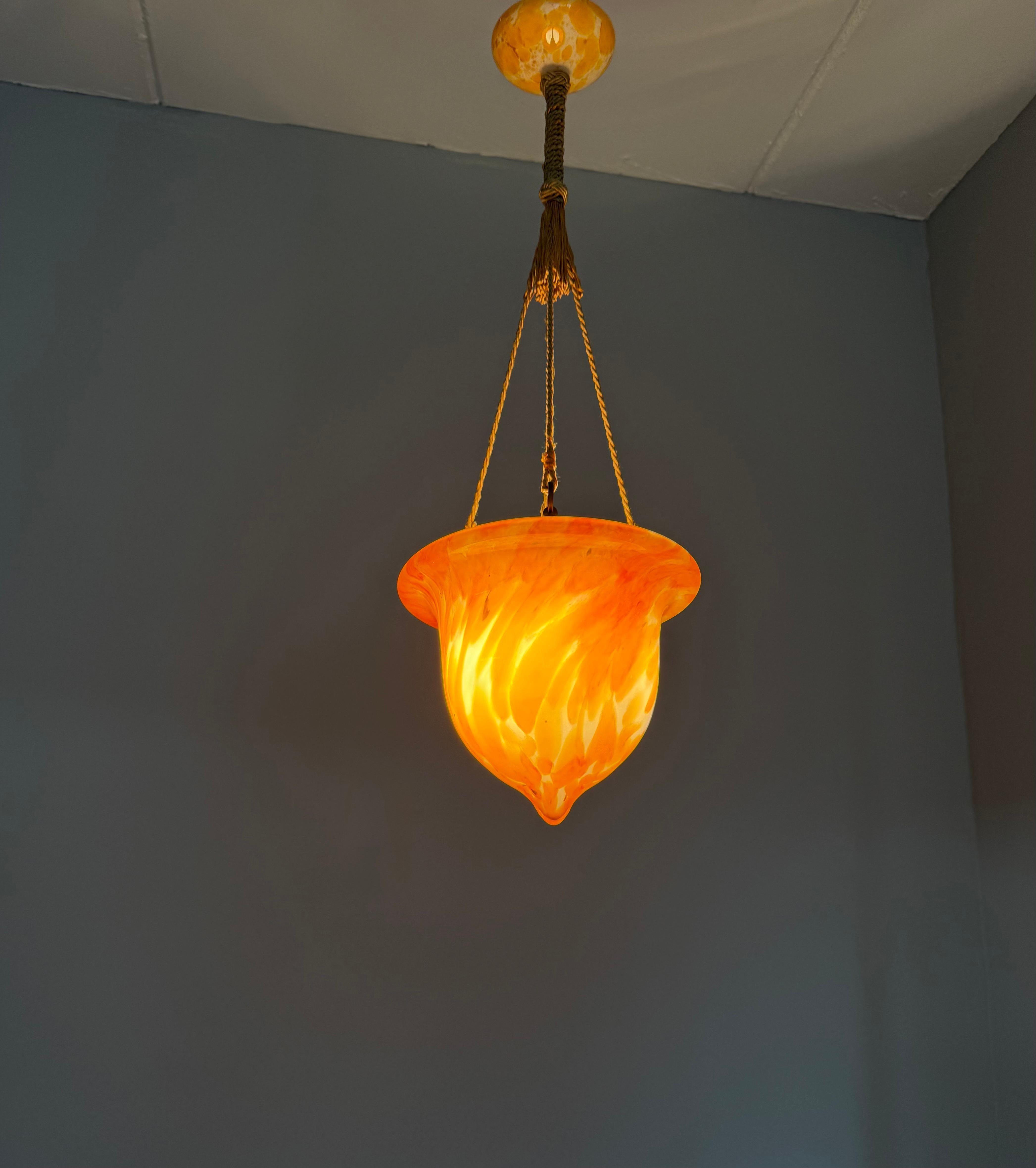 Glorious Design and Color Art & Crafts Glass Pendant Light, Canopy and Rope 1930 For Sale 10