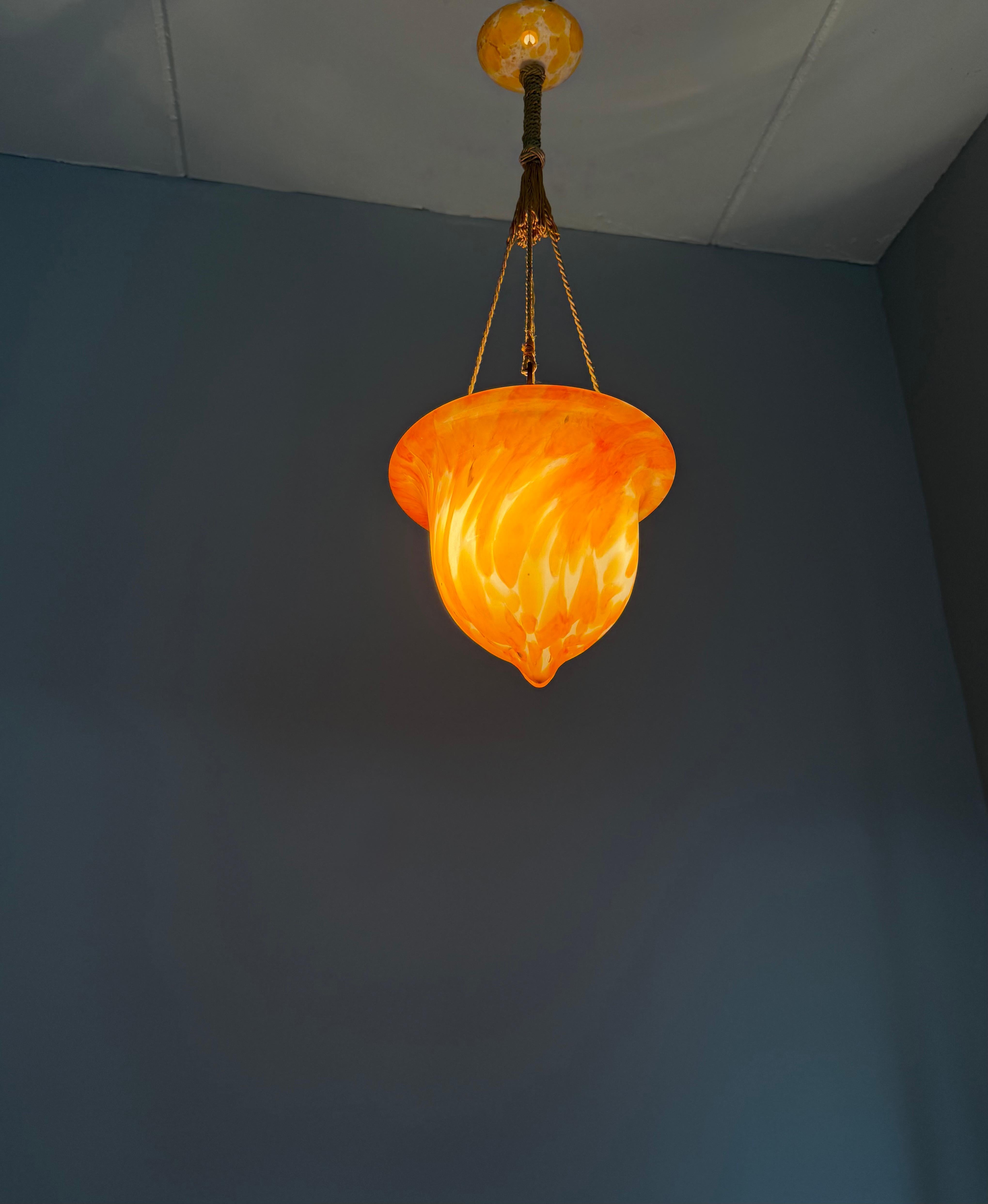 Glorious Design and Color Art & Crafts Glass Pendant Light, Canopy and Rope 1930 For Sale 11