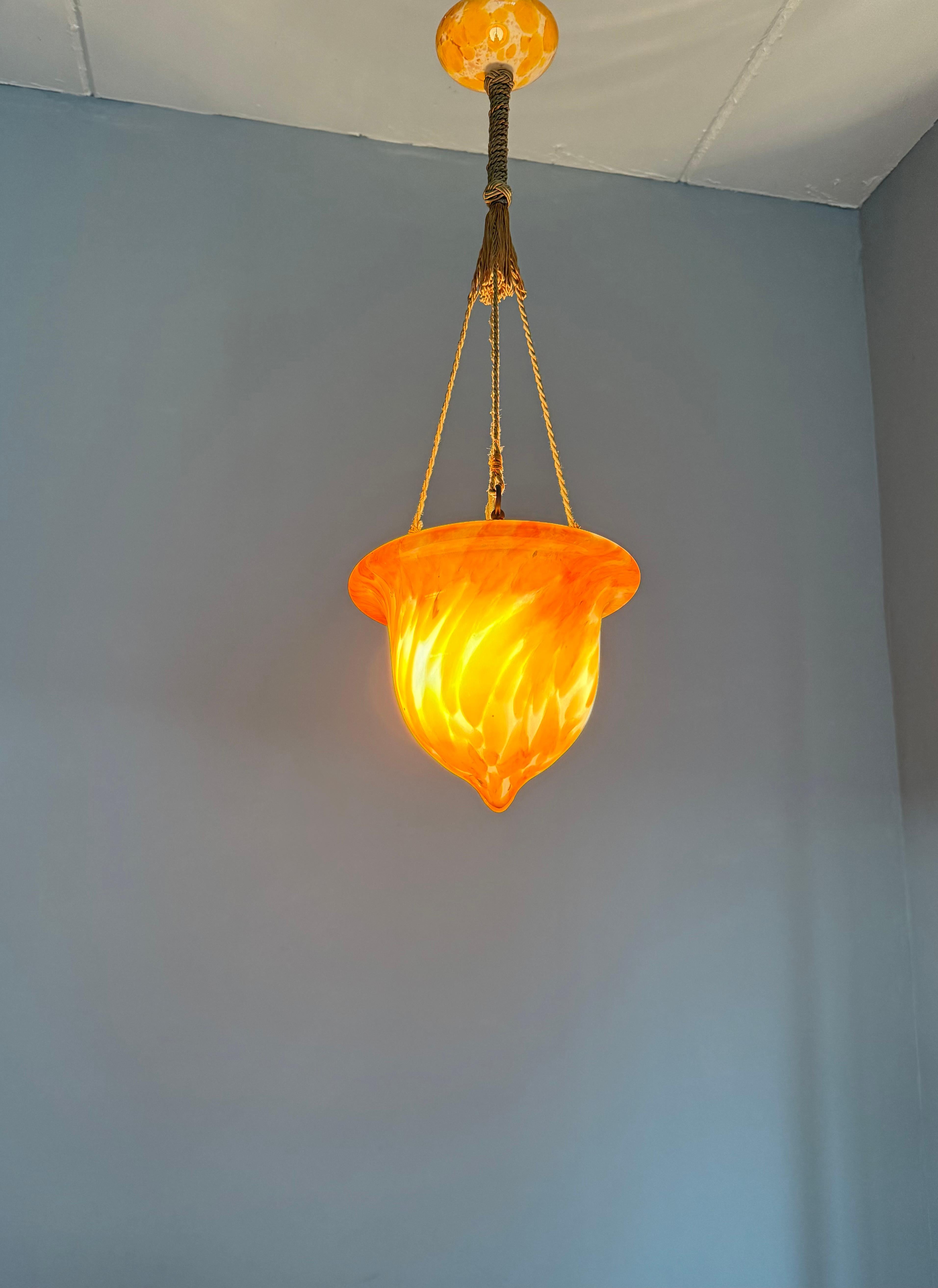 Arts and Crafts Glorious Design and Color Art & Crafts Glass Pendant Light, Canopy and Rope 1930 For Sale