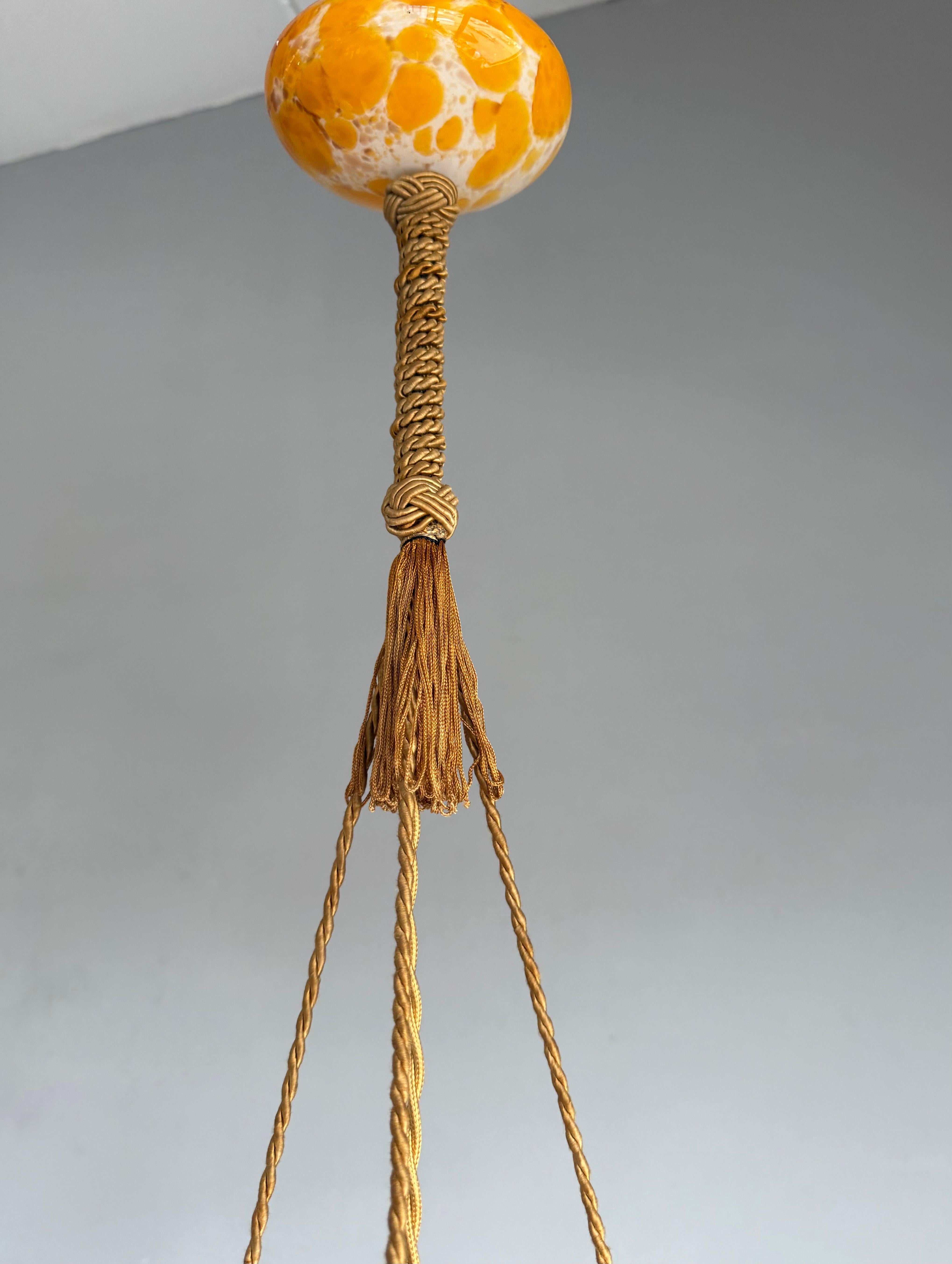 French Glorious Design and Color Art & Crafts Glass Pendant Light, Canopy and Rope 1930 For Sale
