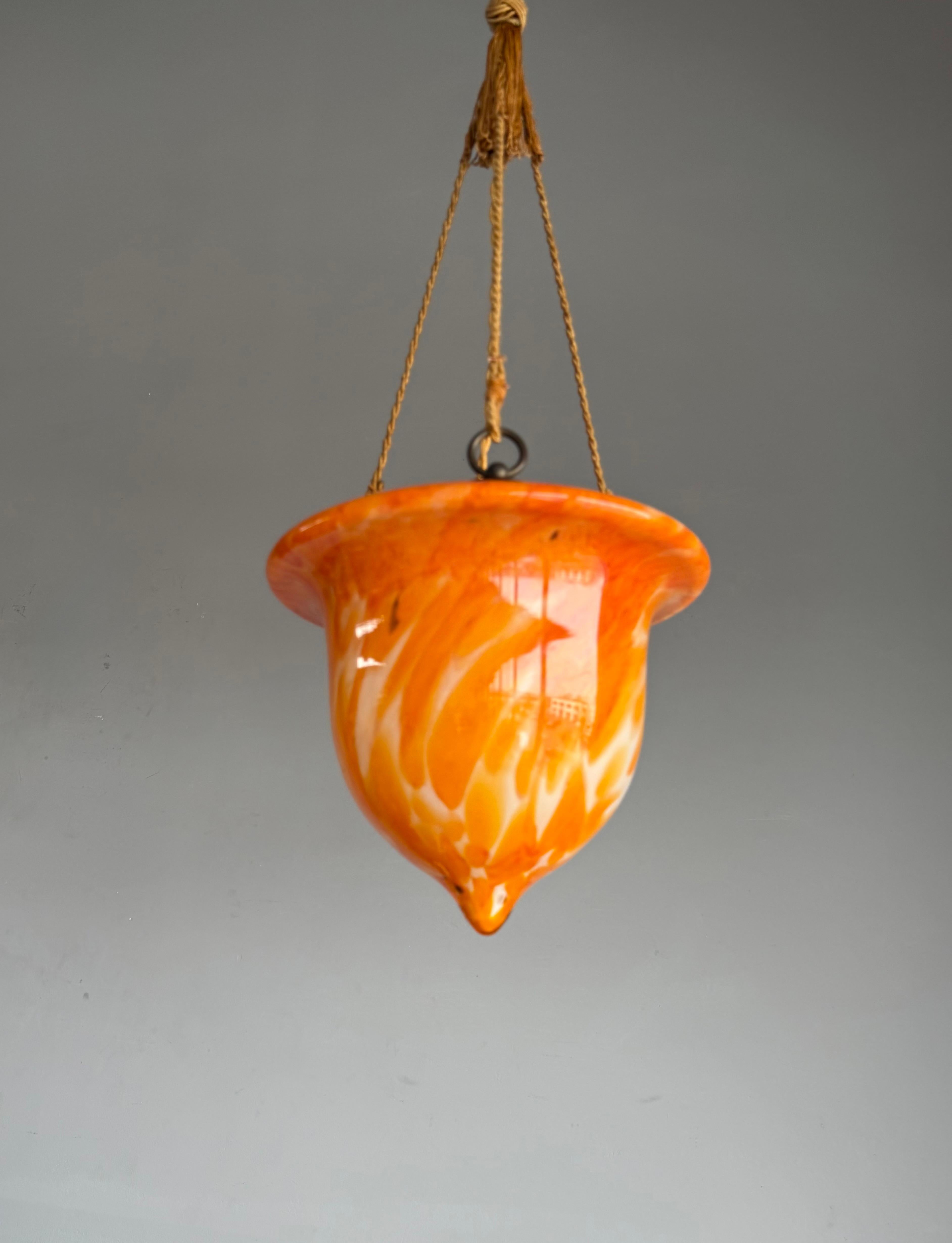 Hand-Crafted Glorious Design and Color Art & Crafts Glass Pendant Light, Canopy and Rope 1930 For Sale