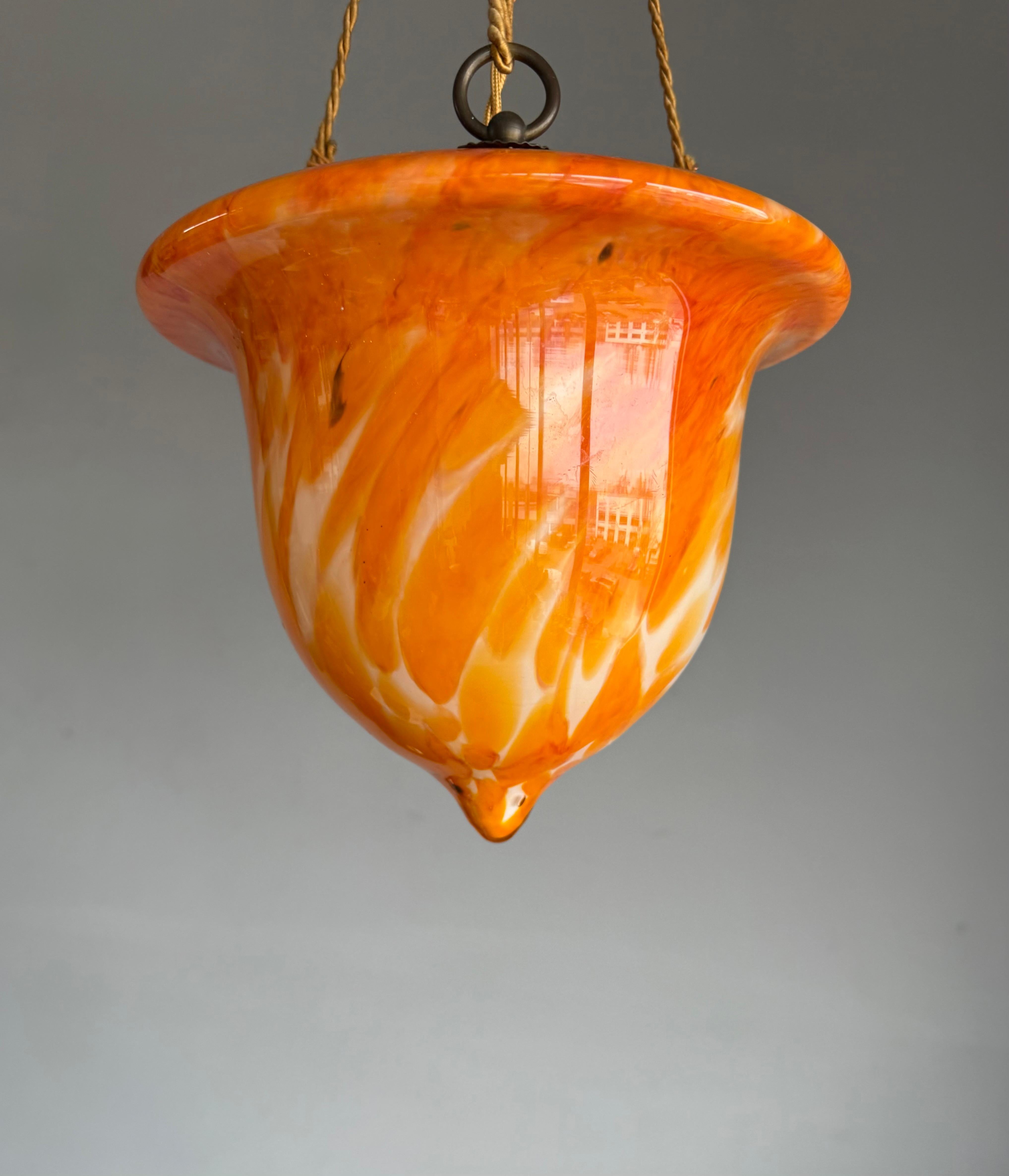 20th Century Glorious Design and Color Art & Crafts Glass Pendant Light, Canopy and Rope 1930 For Sale